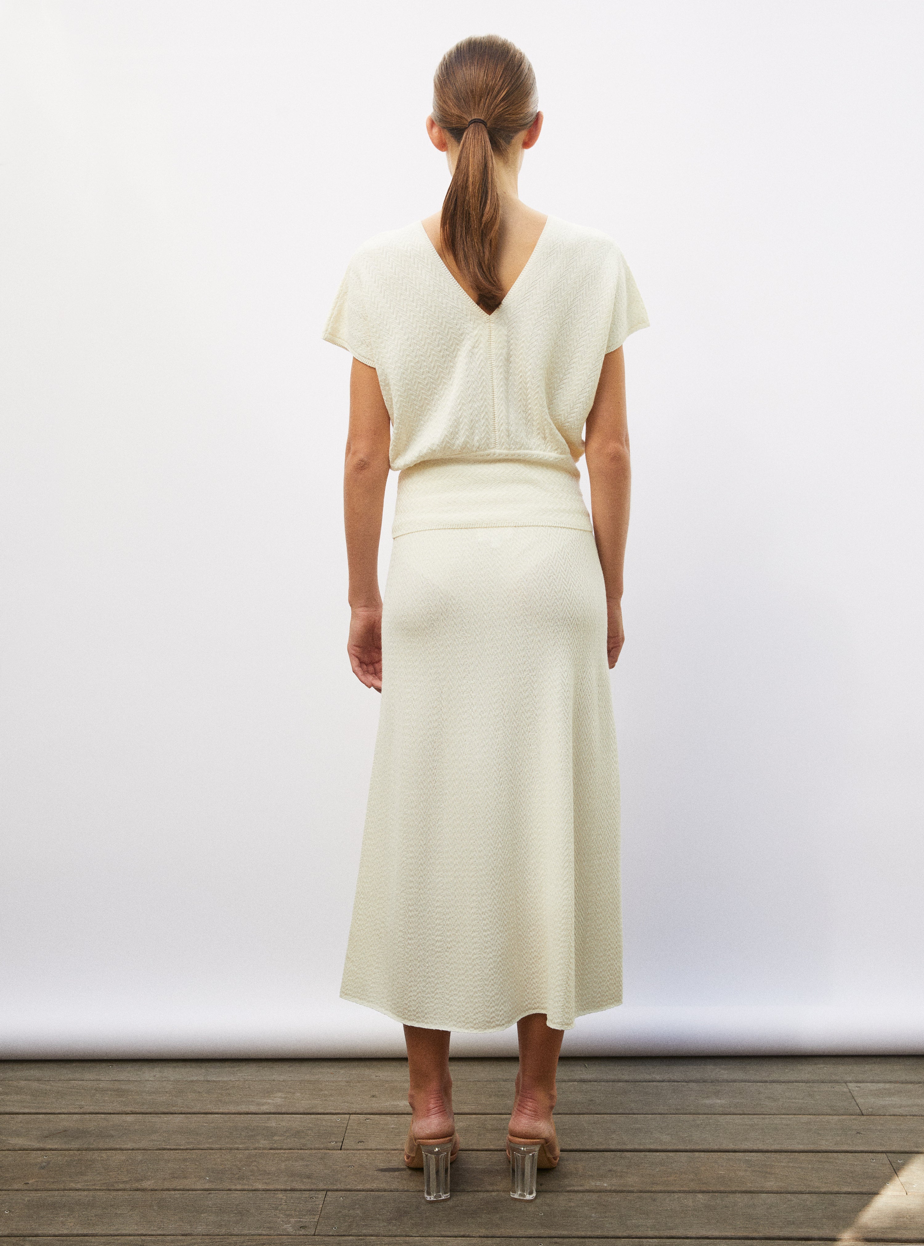 Top V maille chevron molli naturel - Vêtement de luxe femme