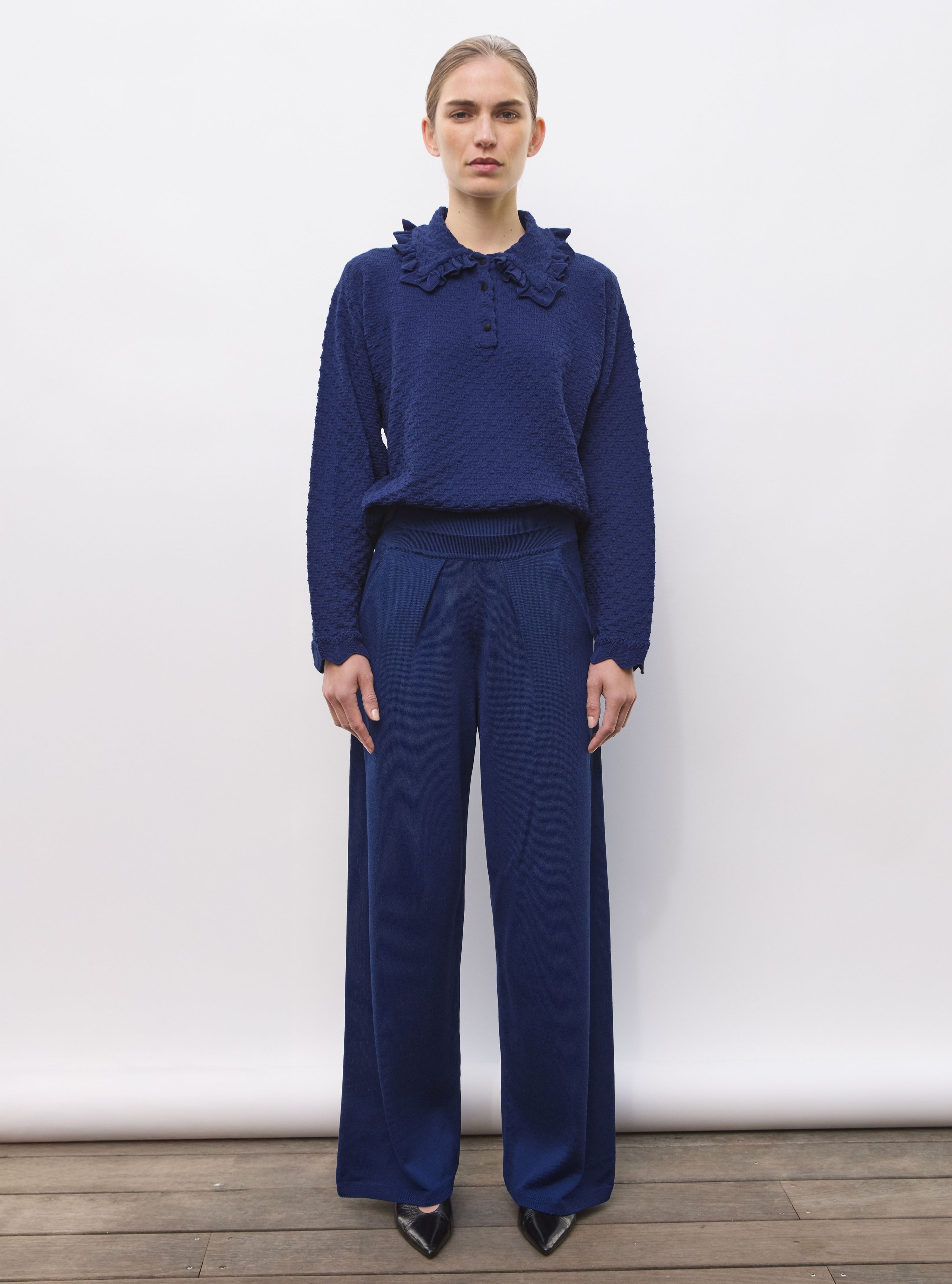 Chemise maille couture bleu faïence - Vêtement en maille de luxe Molli