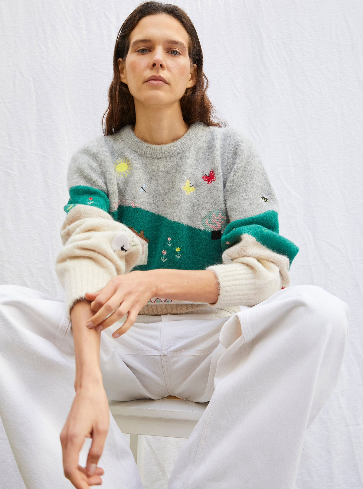 Pull moelleux paysage brodé multi - Vêtement de luxe femme