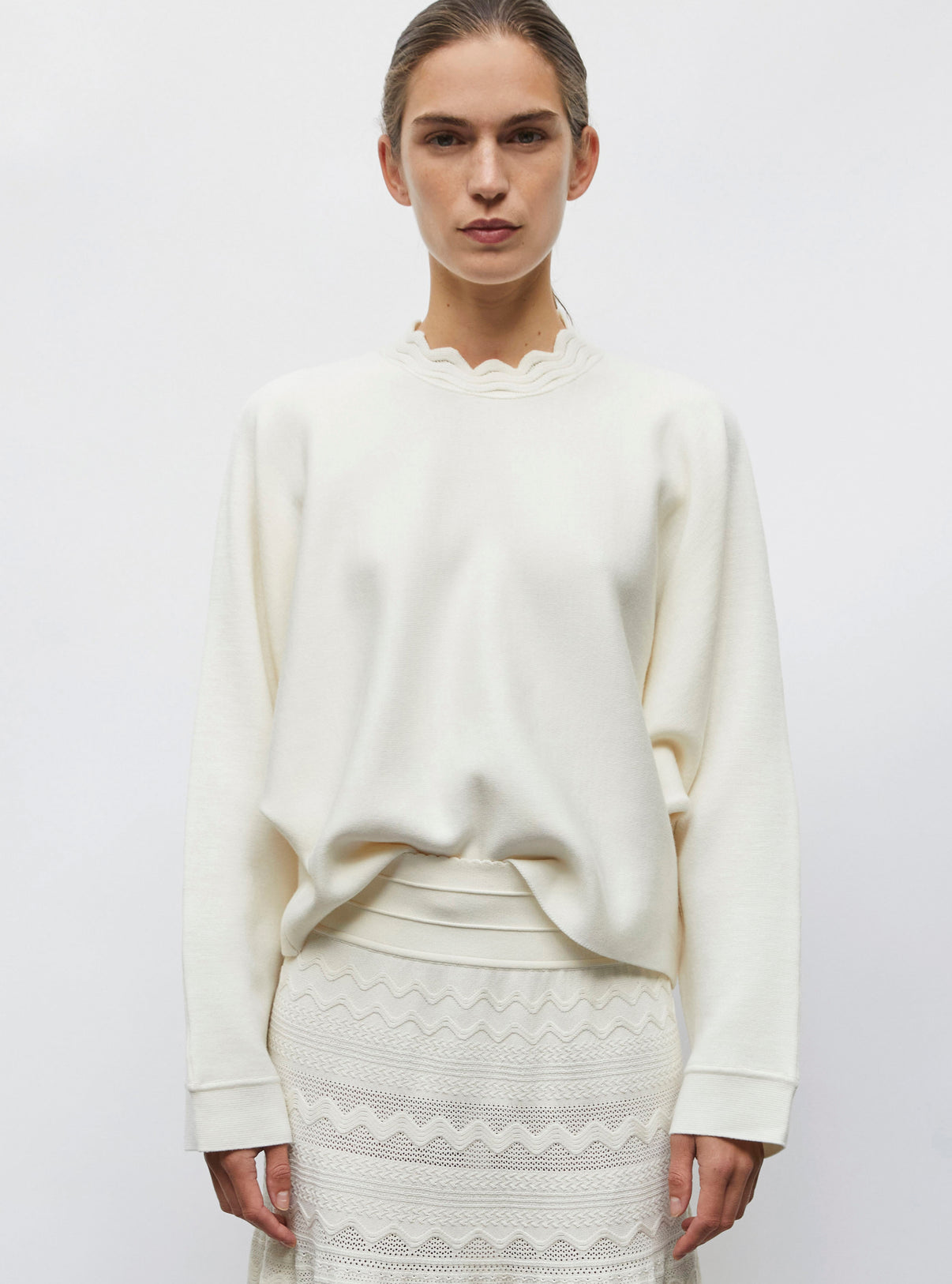 Top couture col croquet naturel - Vêtement en maille de luxe Molli