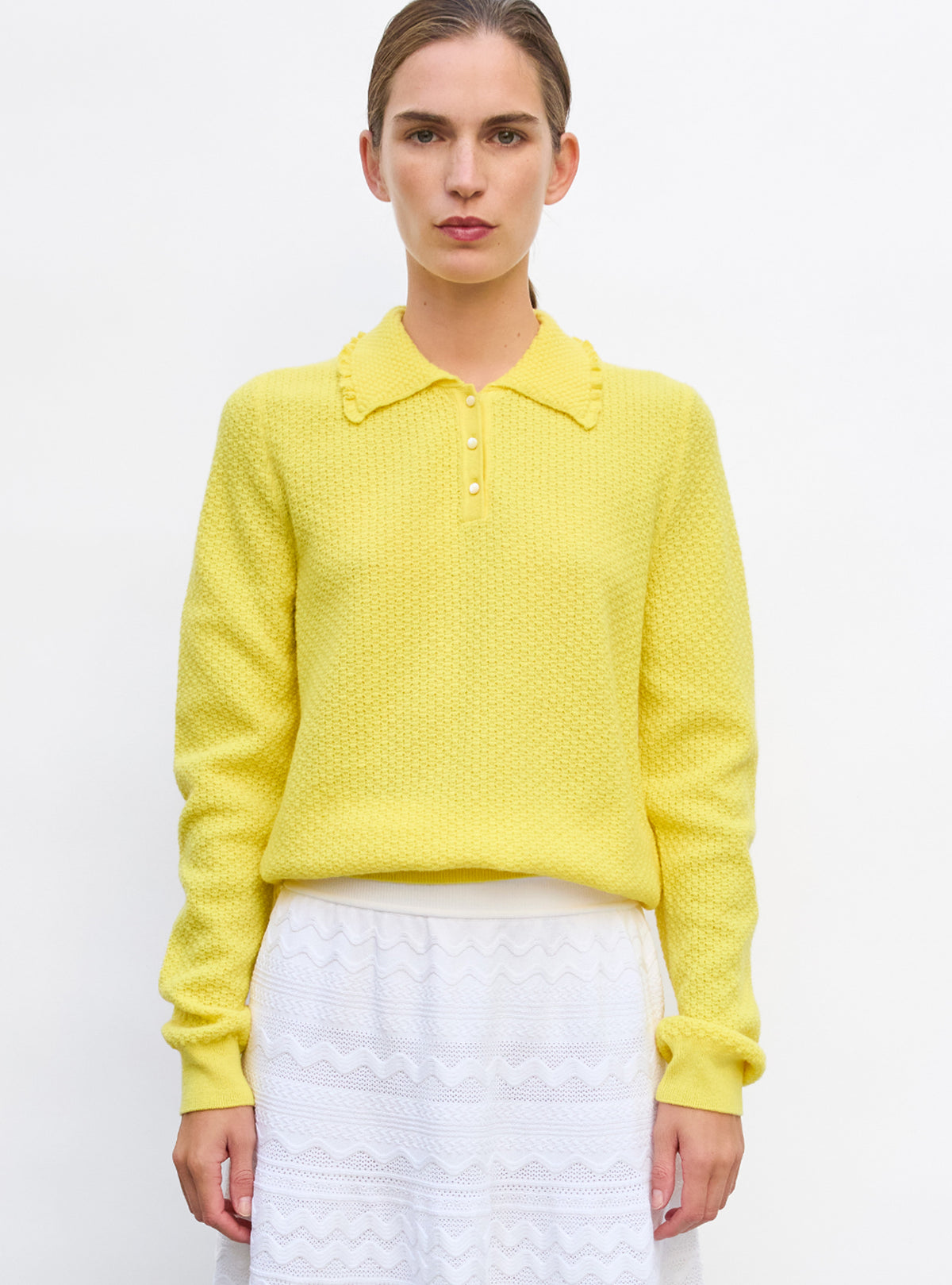 Top fin maille col volanté limoncello - Vêtement de luxe femme