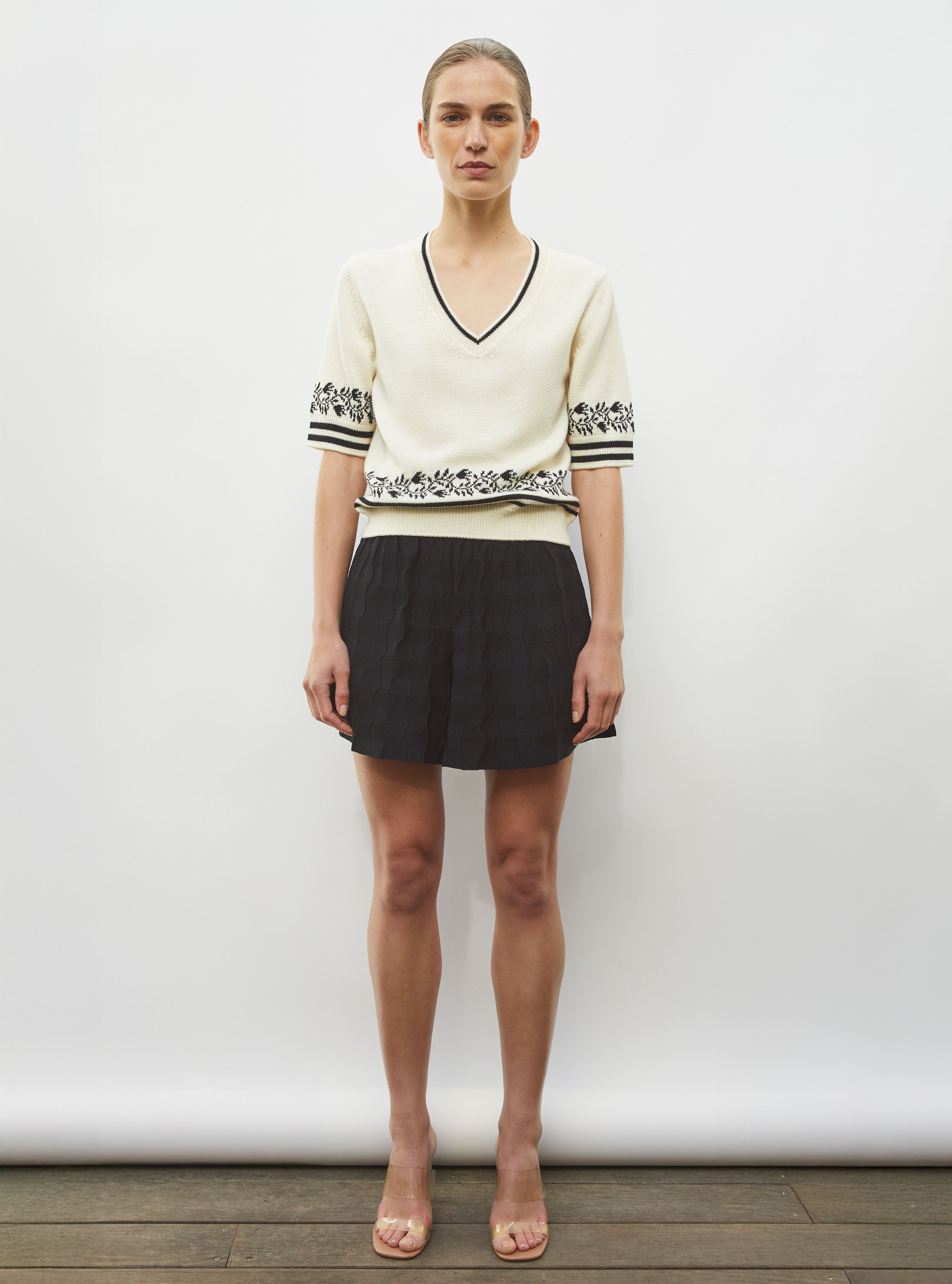 Top V maille jacquard naturel-noir profond - Vêtement en maille de luxe Molli