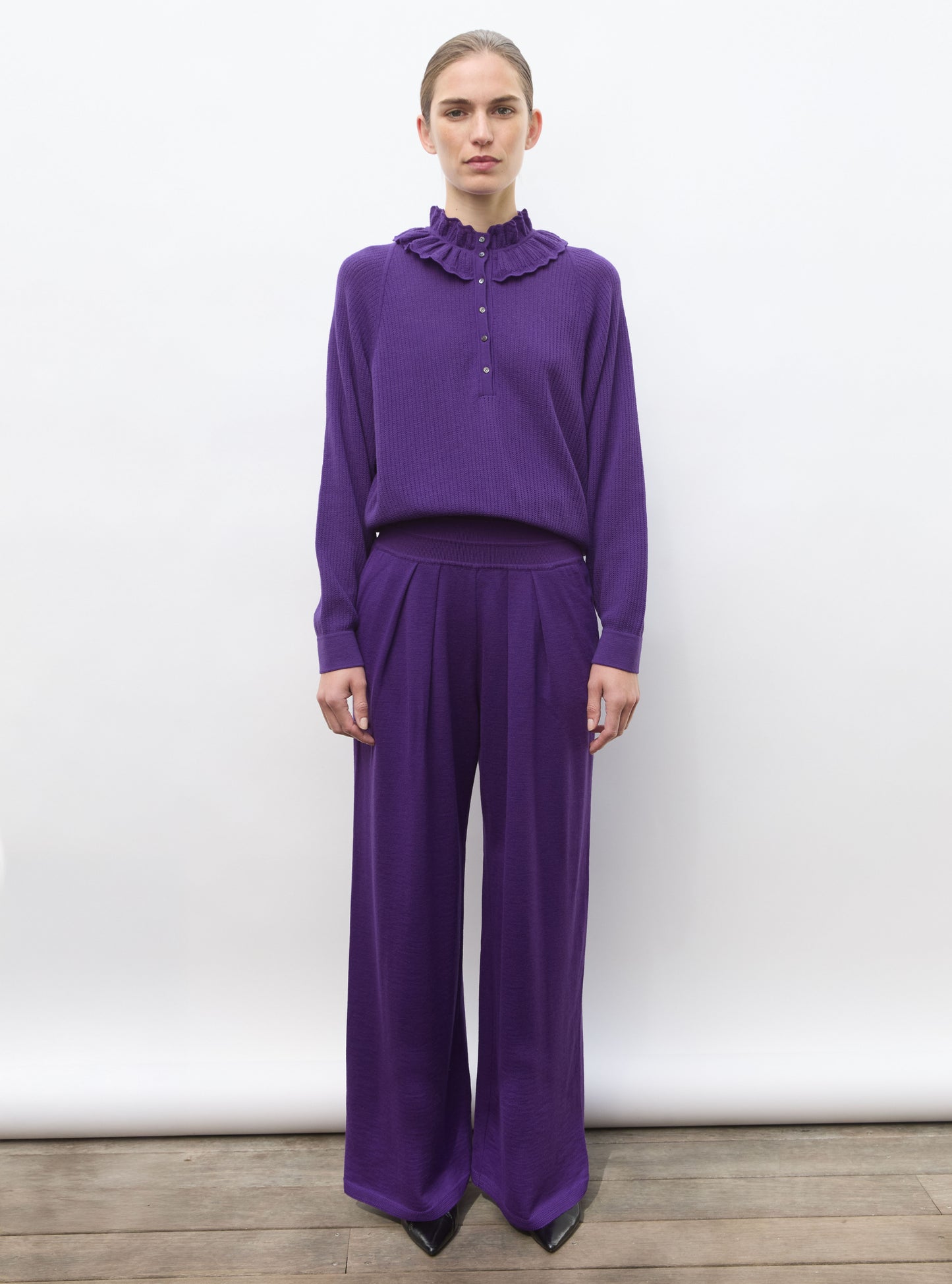 Top ample col volanté violet profond - Vêtement en maille de luxe Molli