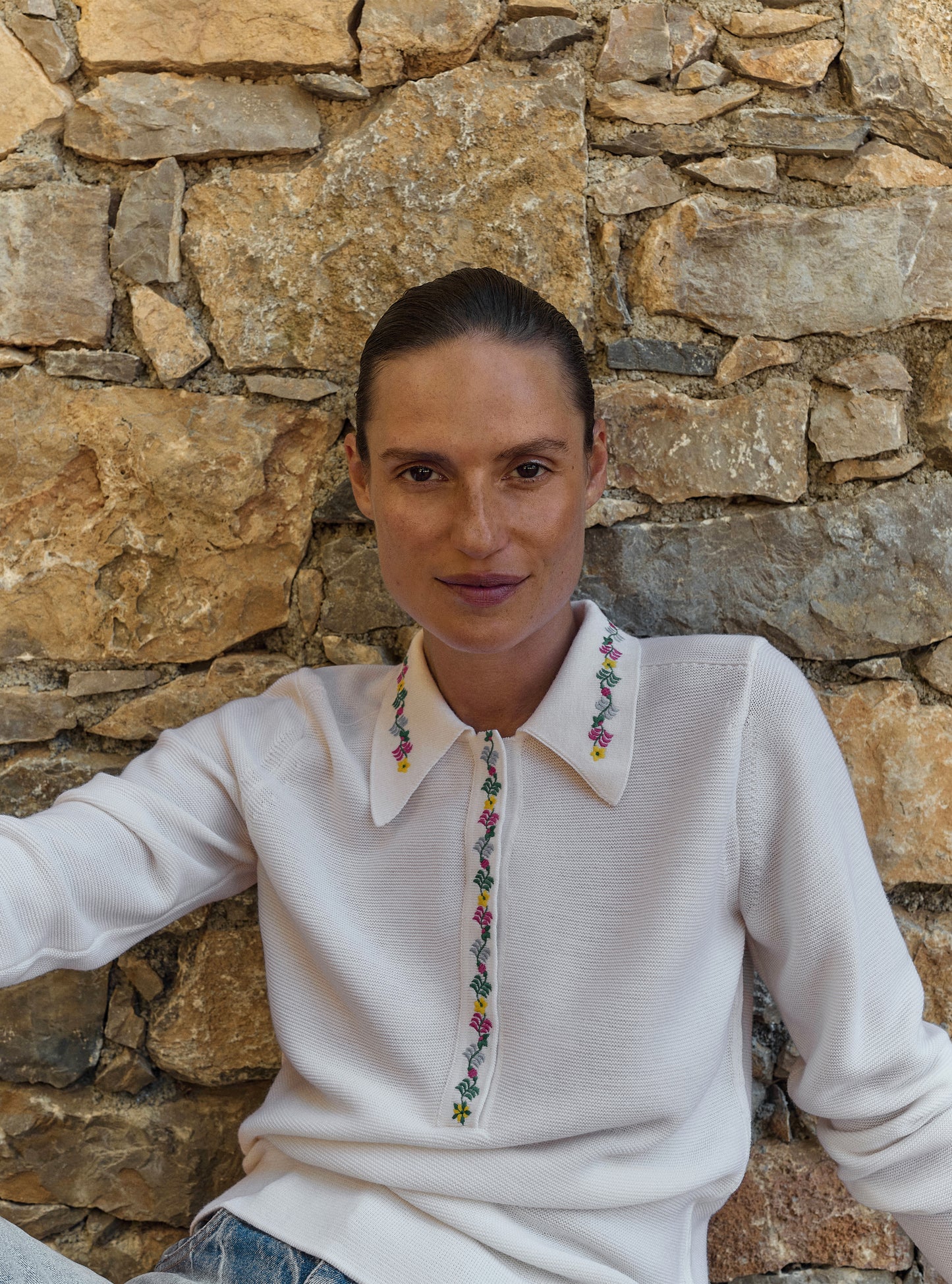 Chemise maille brodée fleurs milk - Vêtement de luxe femme
