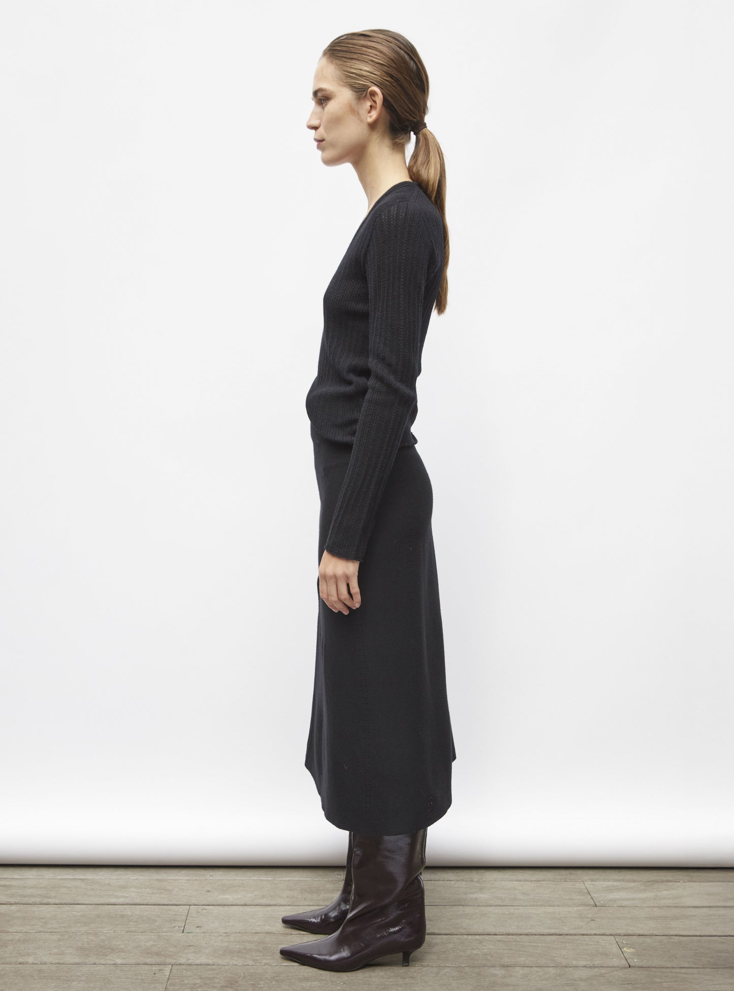 Top décolleté maille pointelle noir profond - Vêtement de luxe femme
