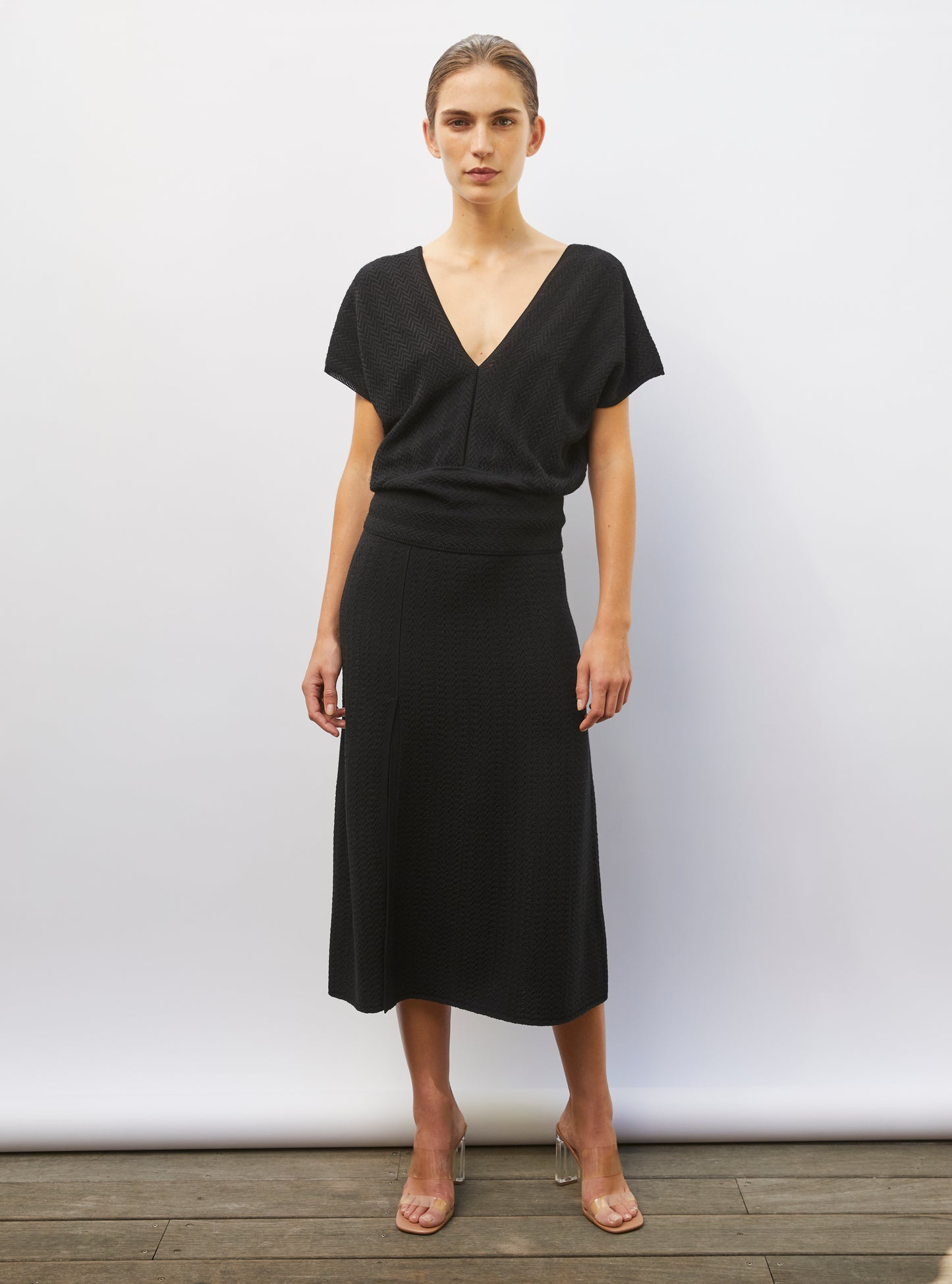 Jupe en maille de luxe Molli - Jupe fendue maille chevron noir profond