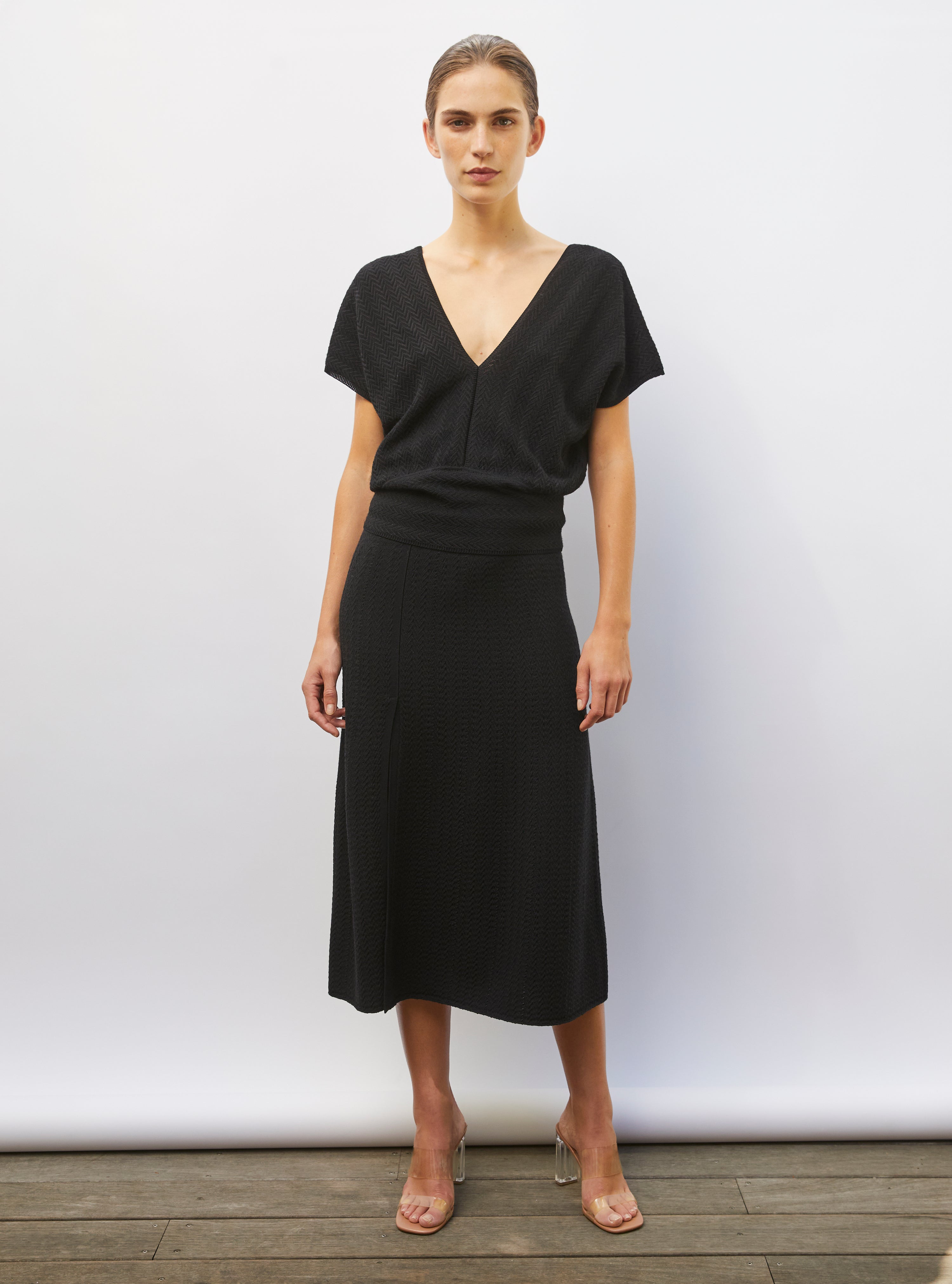 Jupe en maille de luxe Molli - Jupe fendue maille chevron noir profond