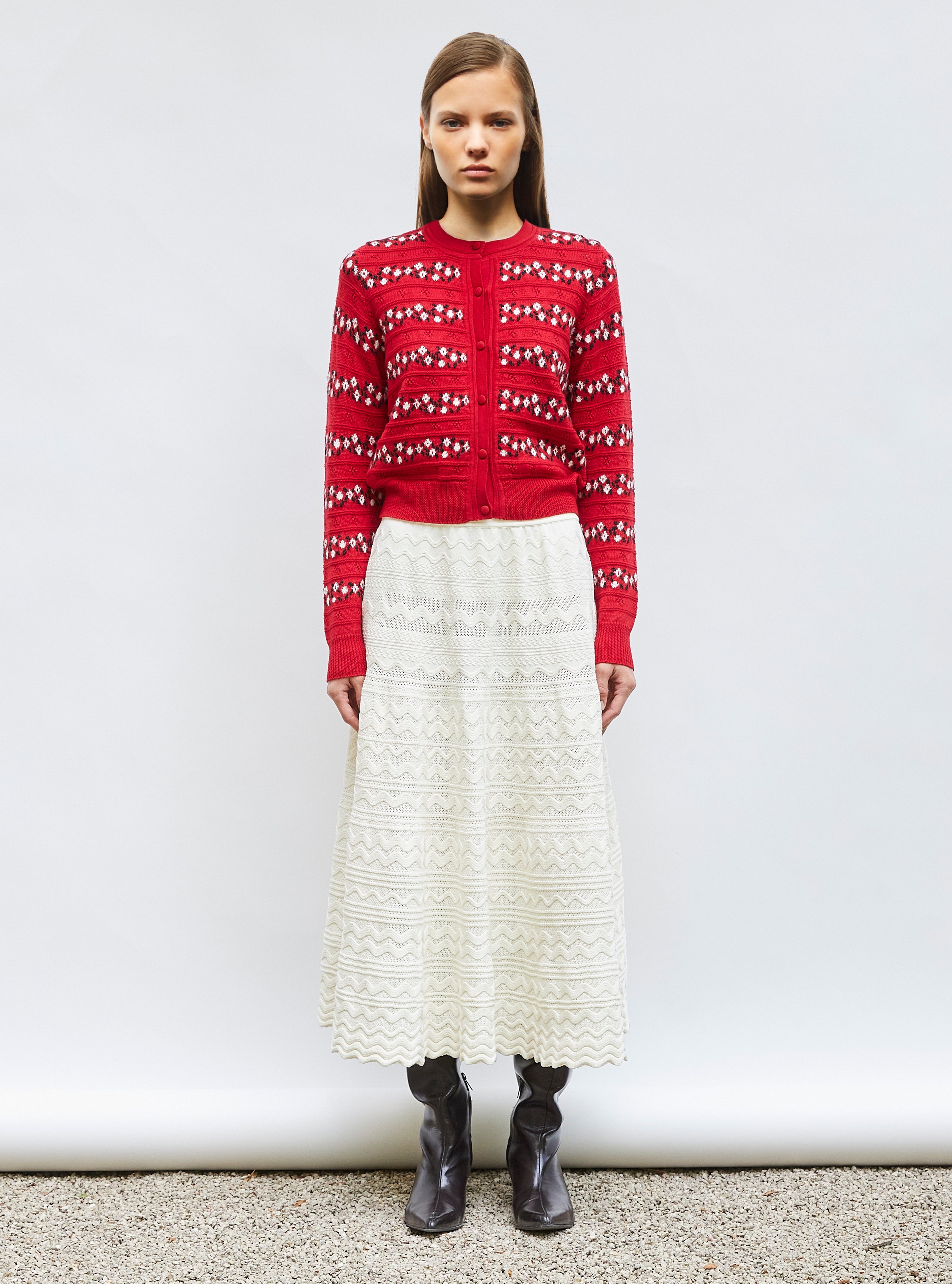 Cardigans de luxe femme - Cardigan jacquard fleurs Rouge garance