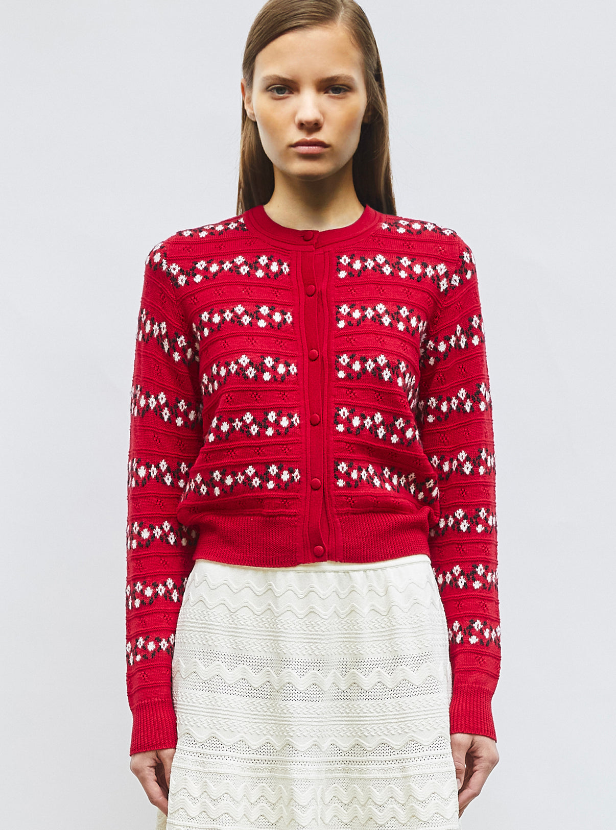 Cardigan jacquard fleurs Rouge garance - Vêtement en maille de luxe Molli