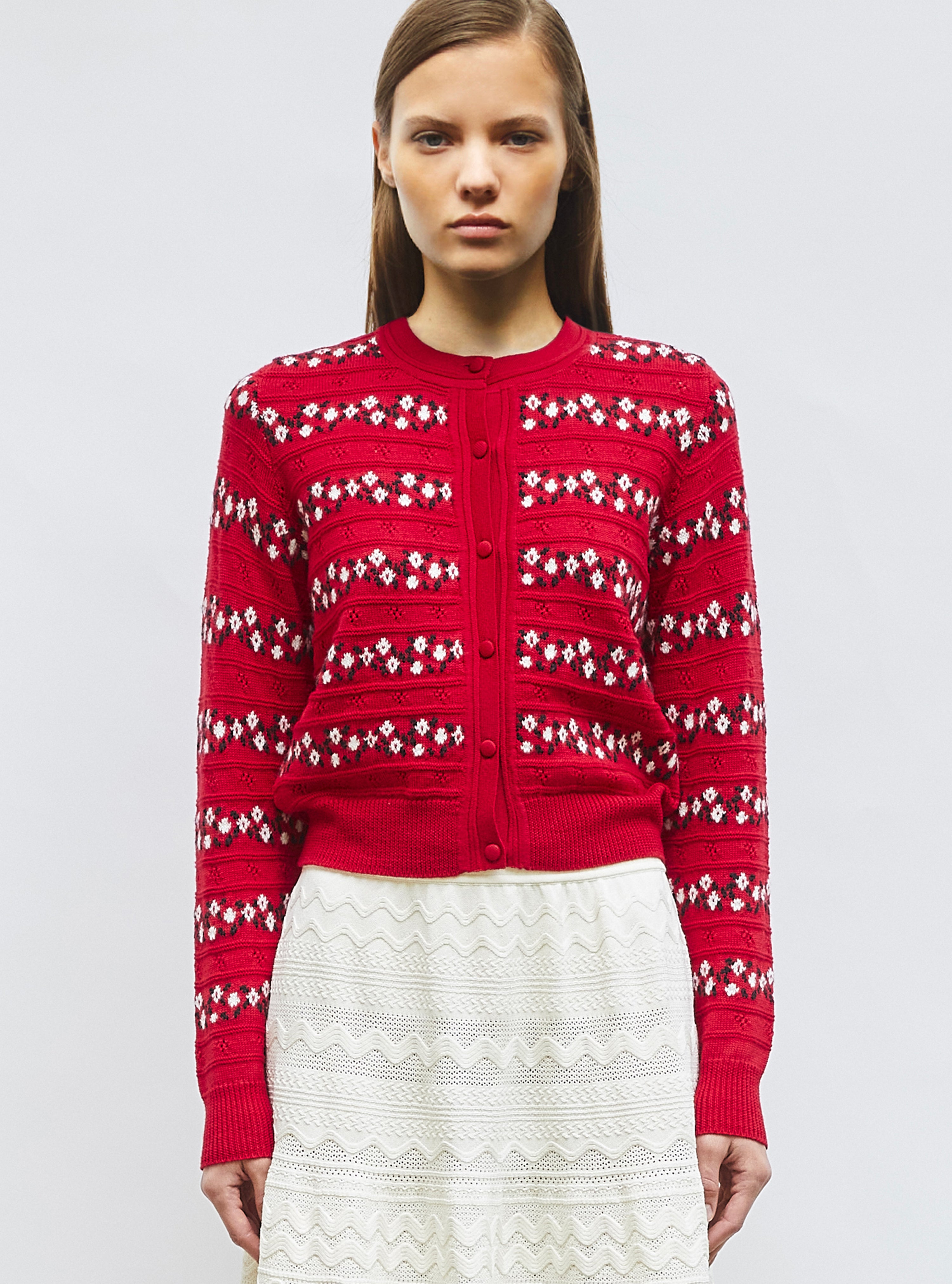 Cardigan jacquard fleurs Rouge garance - Vêtement en maille de luxe Molli