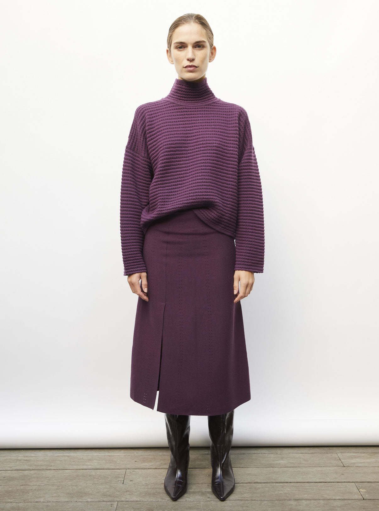 Pull de luxe femme - Pull maille résille de laine prune