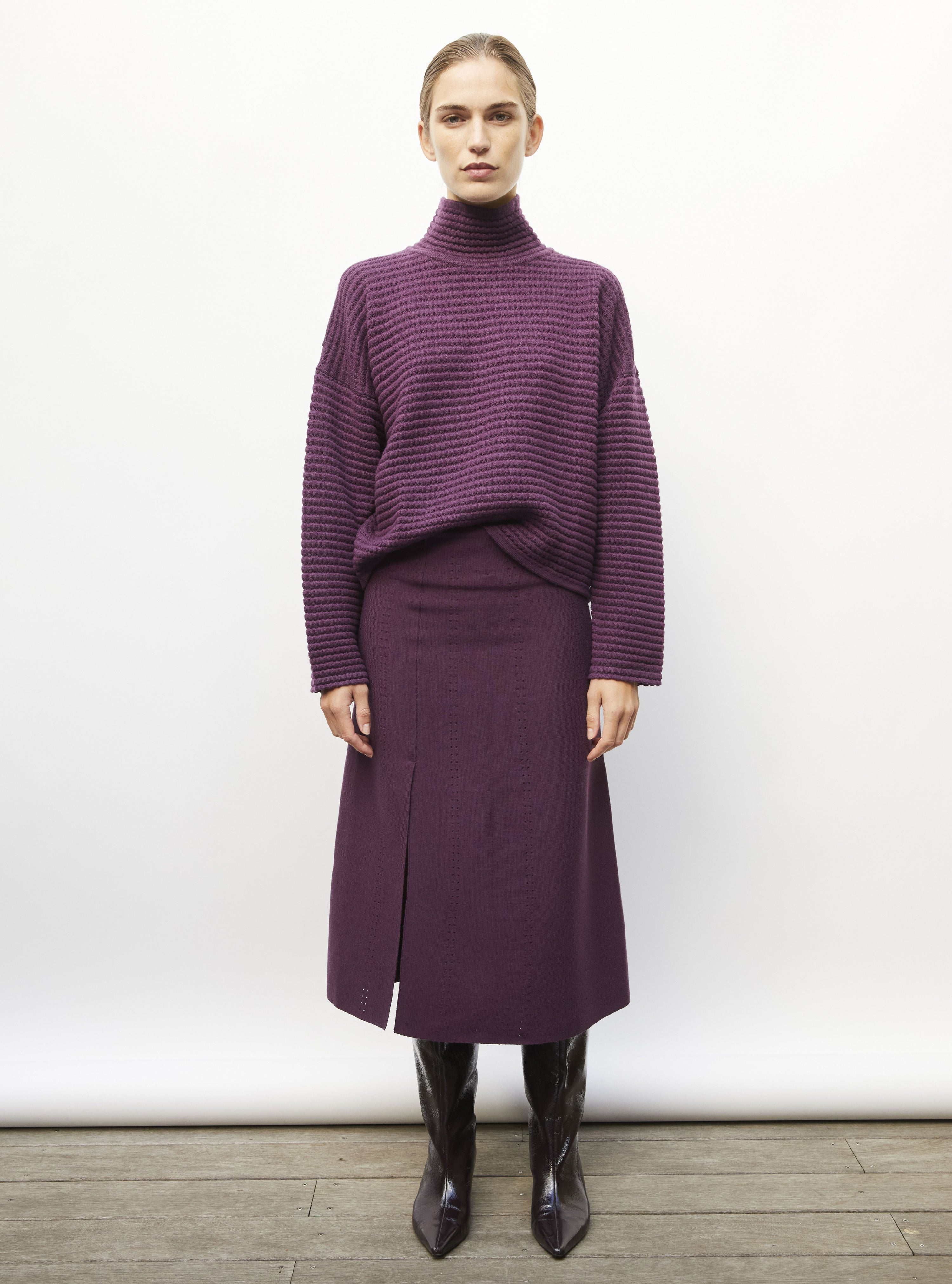 Pull de luxe femme - Pull maille résille de laine prune