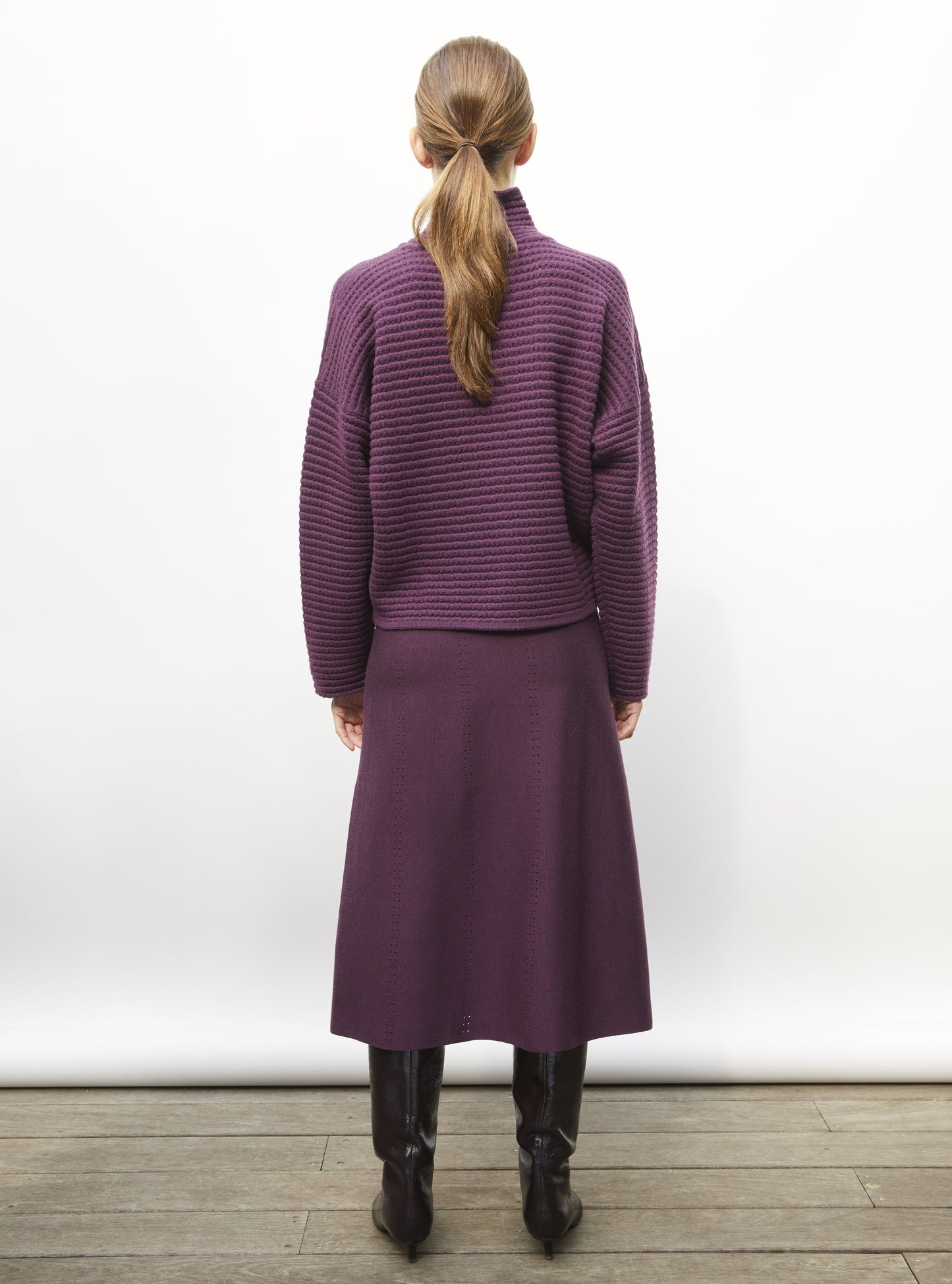 Pull maille résille de laine prune - Vêtement de luxe femme