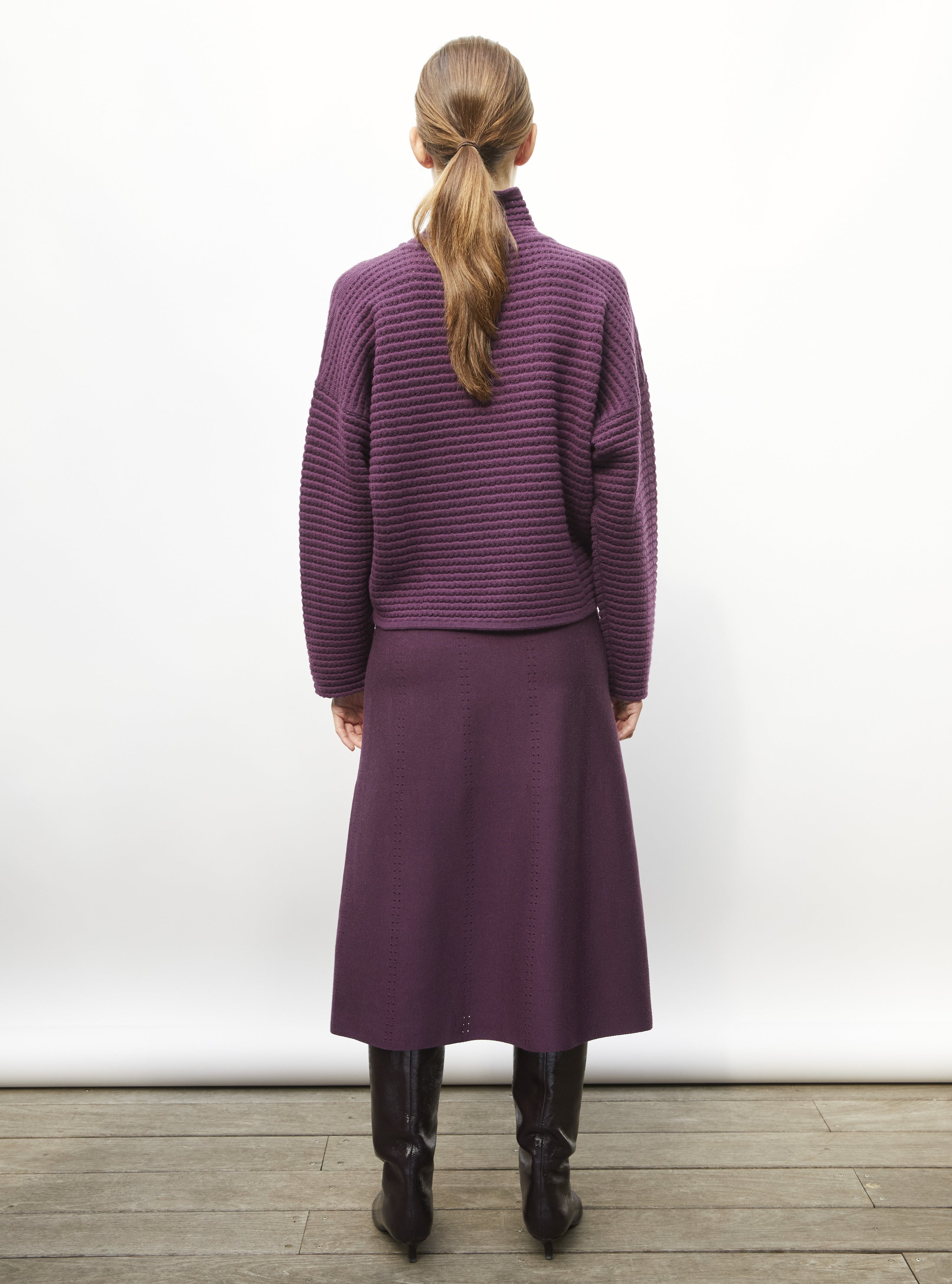 Jupe mi-longue maille fendue prune - Jupe de luxe