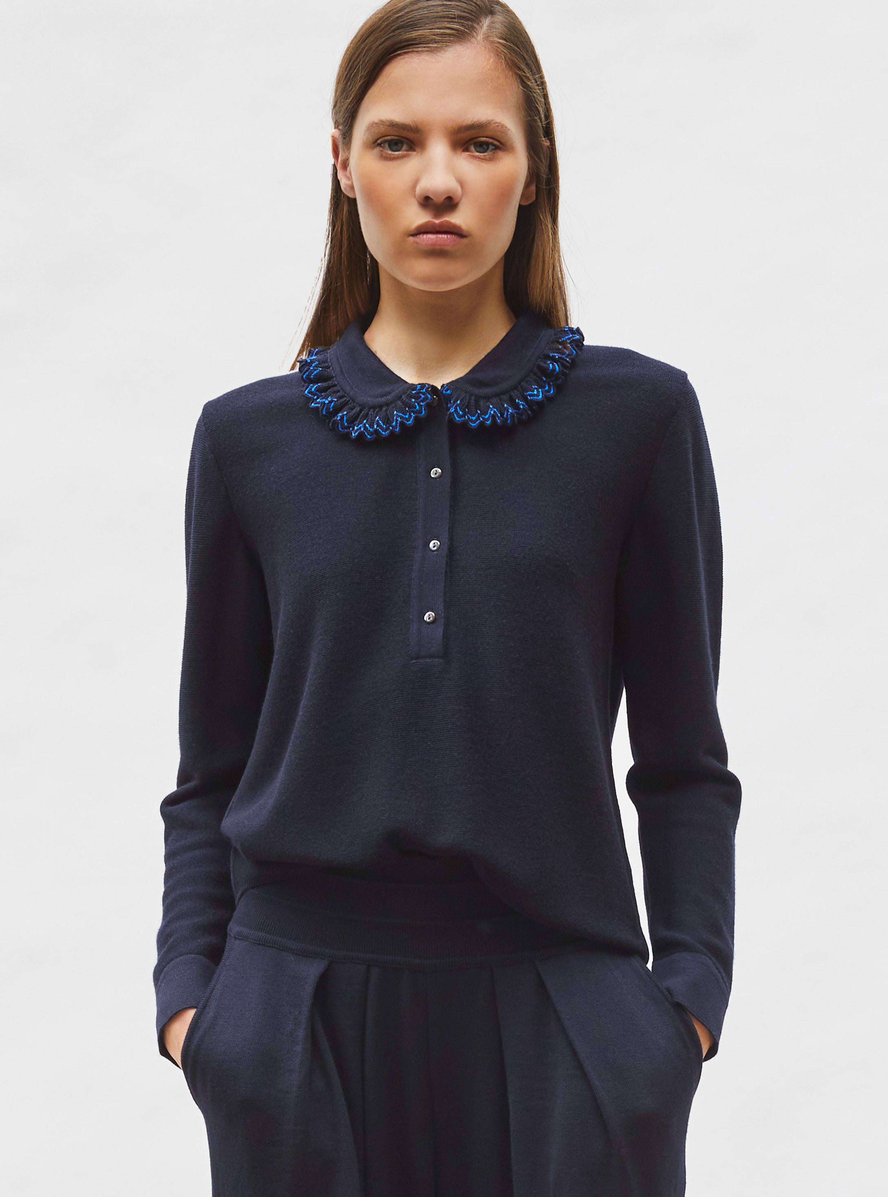 Chemise en maille col volanté nuit-bleu électrique - Vêtement en maille de luxe Molli