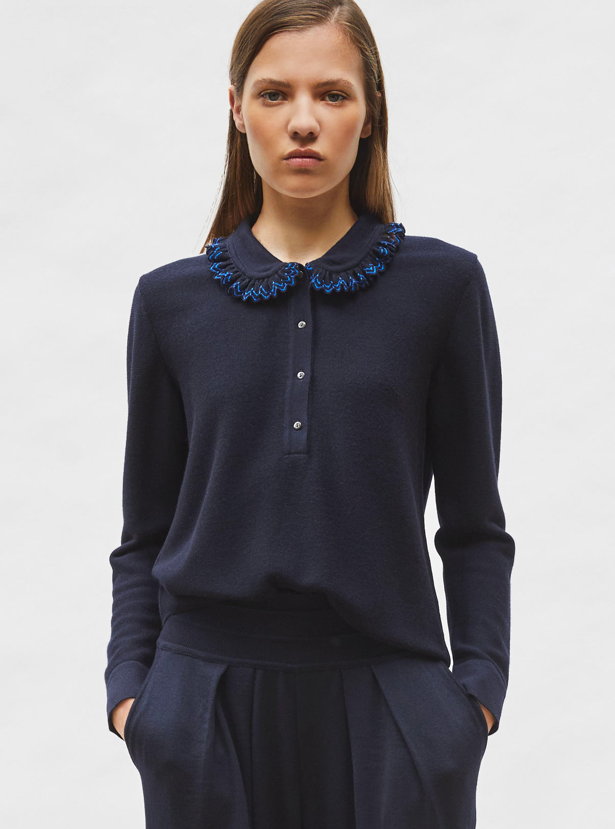 Chemise en maille col volanté nuit-bleu électrique - Vêtement en maille de luxe Molli