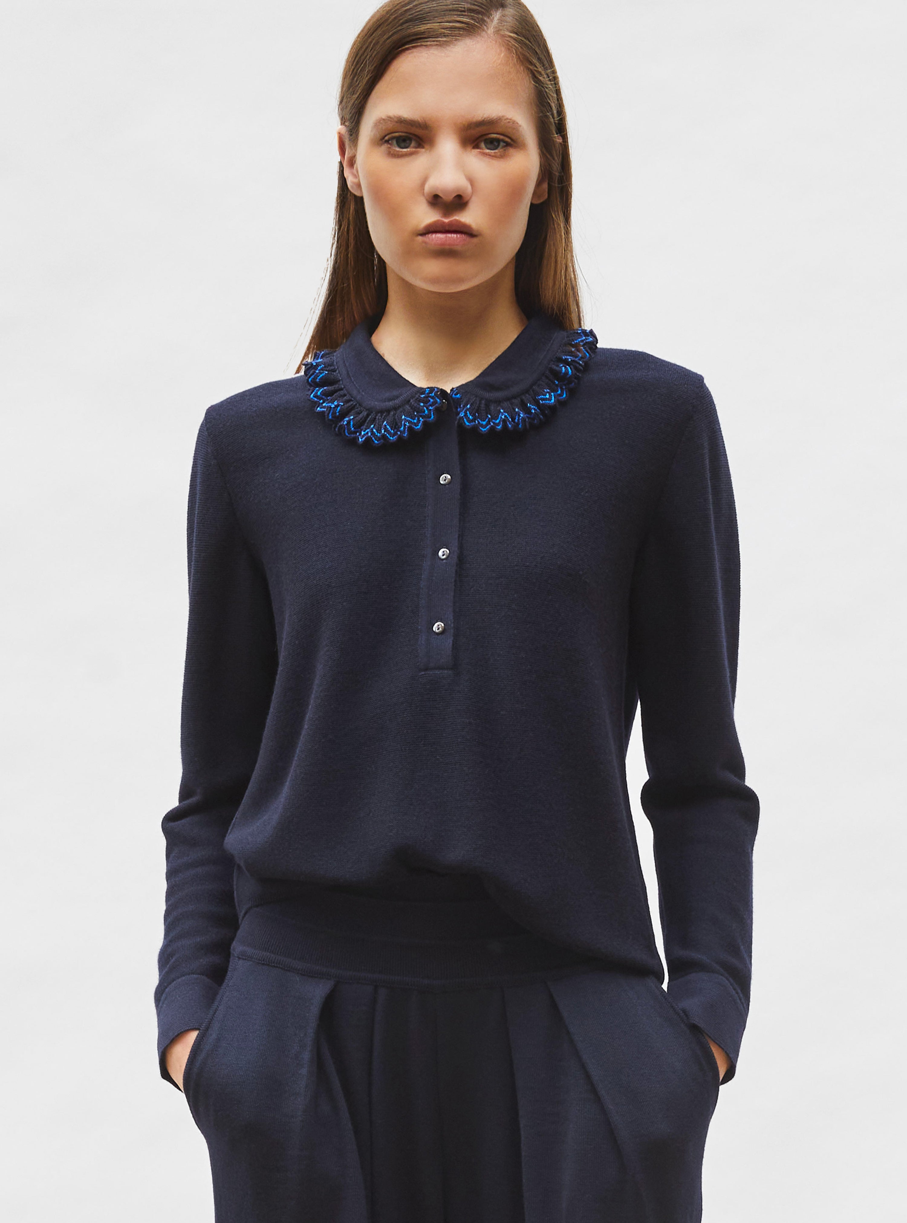Chemise en maille col volanté nuit-bleu électrique - Vêtement en maille de luxe Molli