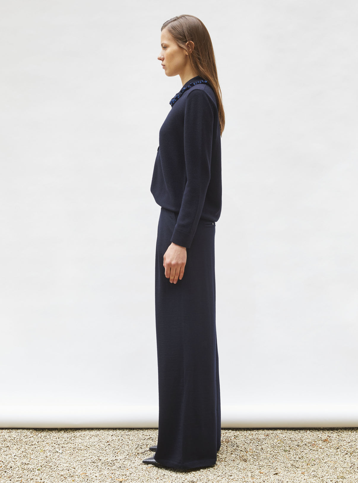 Chemise en maille col volanté nuit-bleu électrique - Vêtement de luxe femme