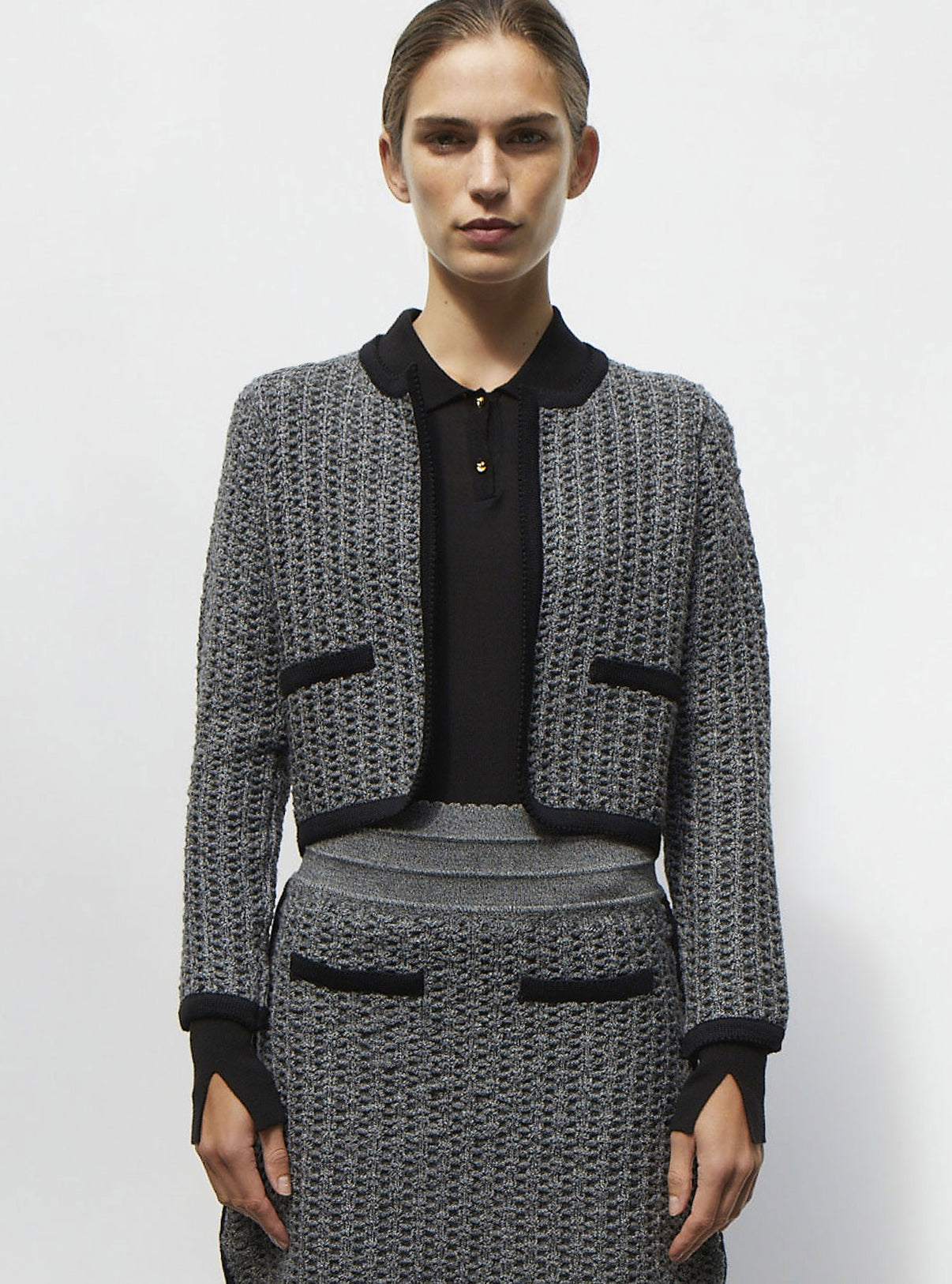 Veste courte maille tweedée noir mouliné - Vêtement en maille de luxe Molli