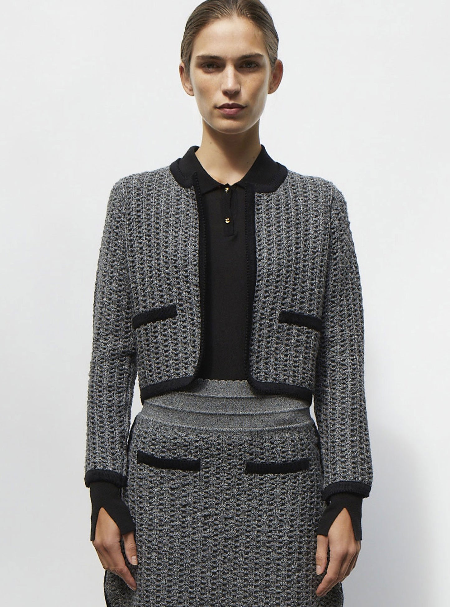 Veste courte maille tweedée noir mouliné - Vêtement en maille de luxe Molli