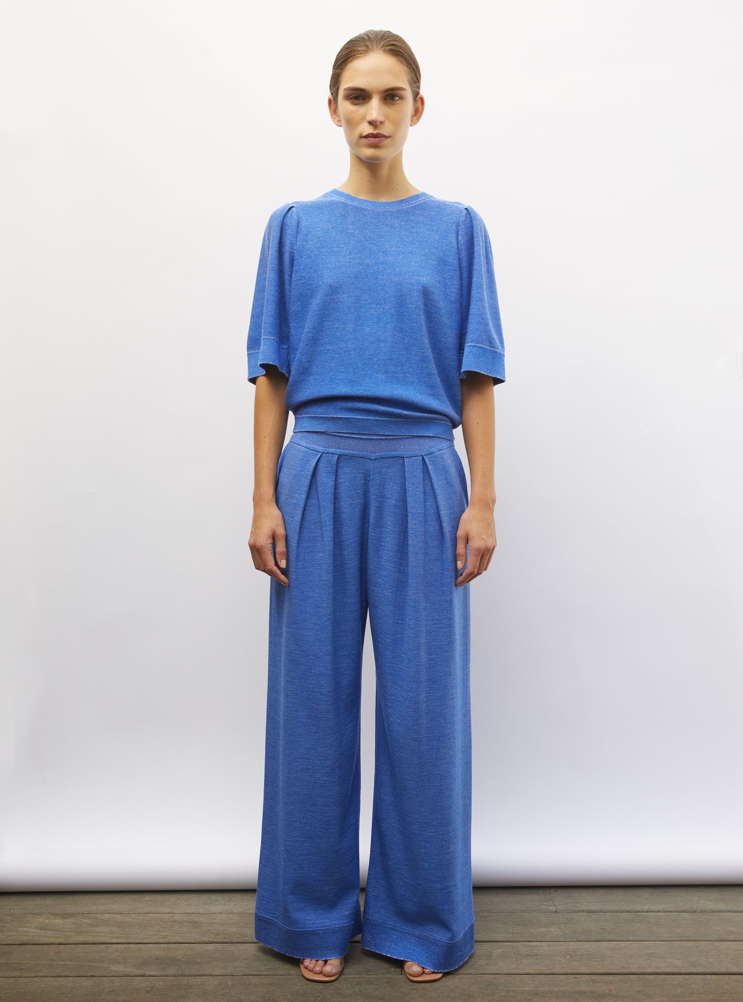 Top en maille manches froncées royal blue denim - Vêtement en maille de luxe Molli