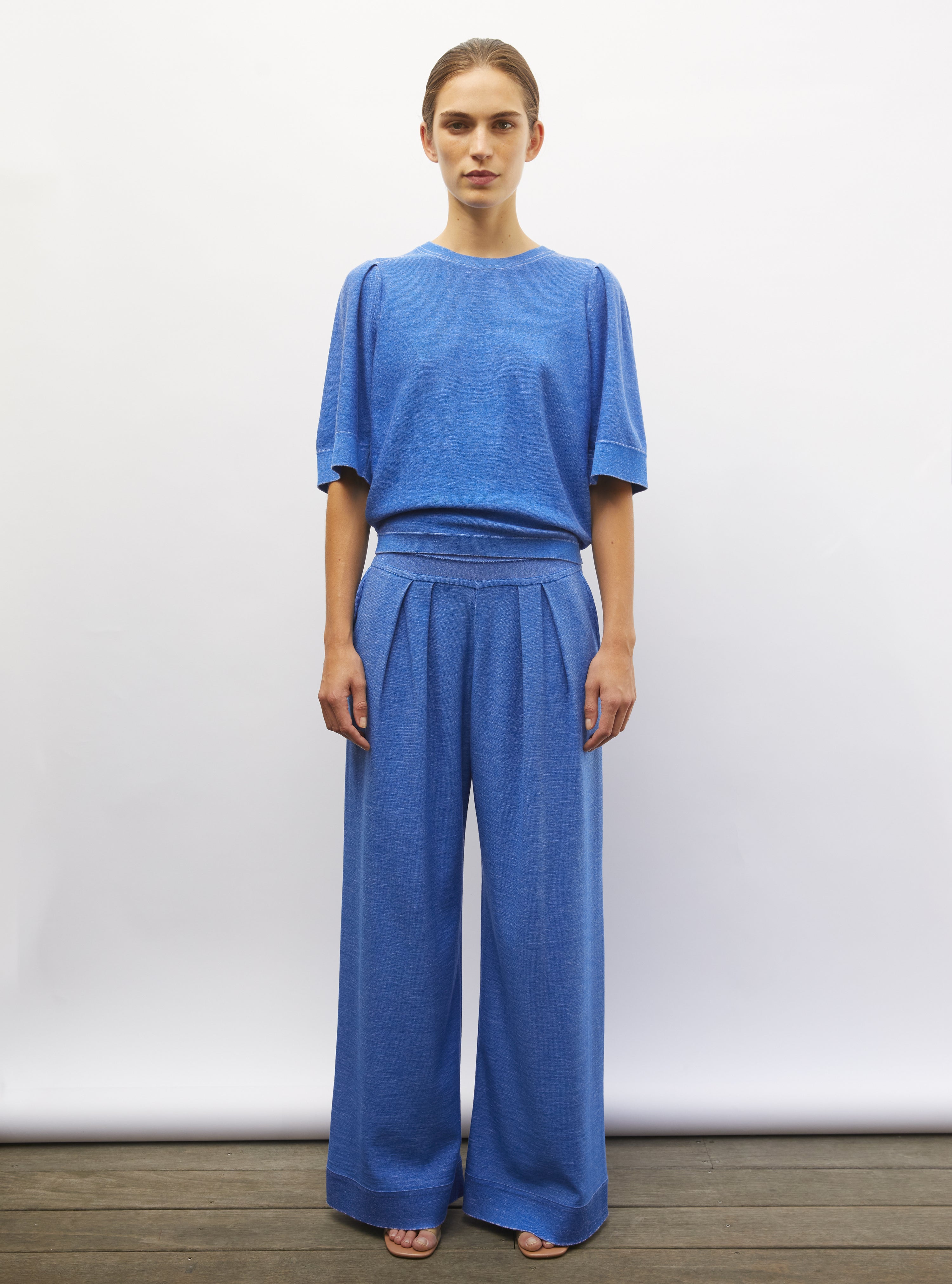 Top en maille manches froncées royal blue denim - Vêtement en maille de luxe Molli