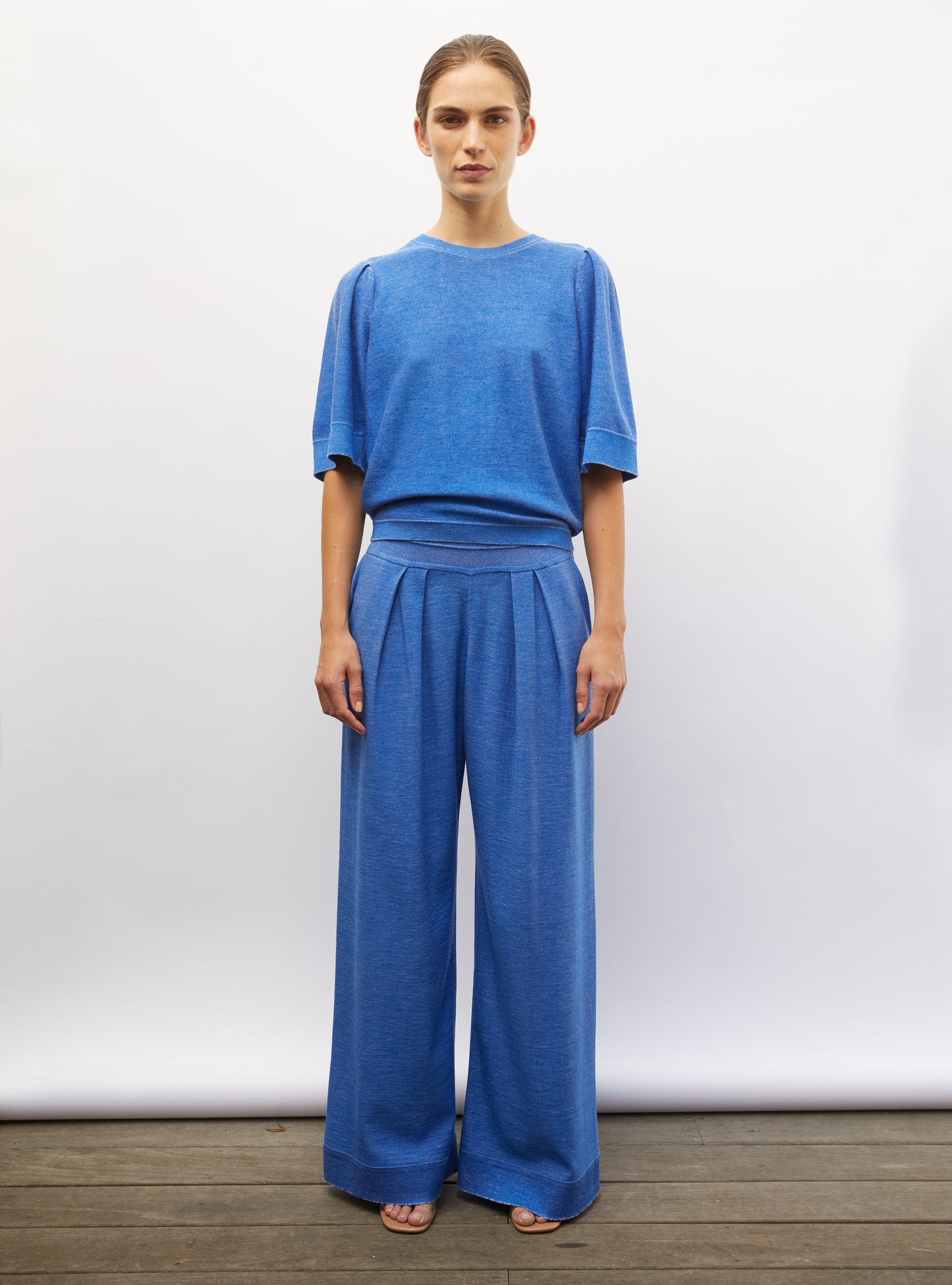 Pantalon fluide maille fine jersey royal blue denim - Vêtement en maille de luxe Molli