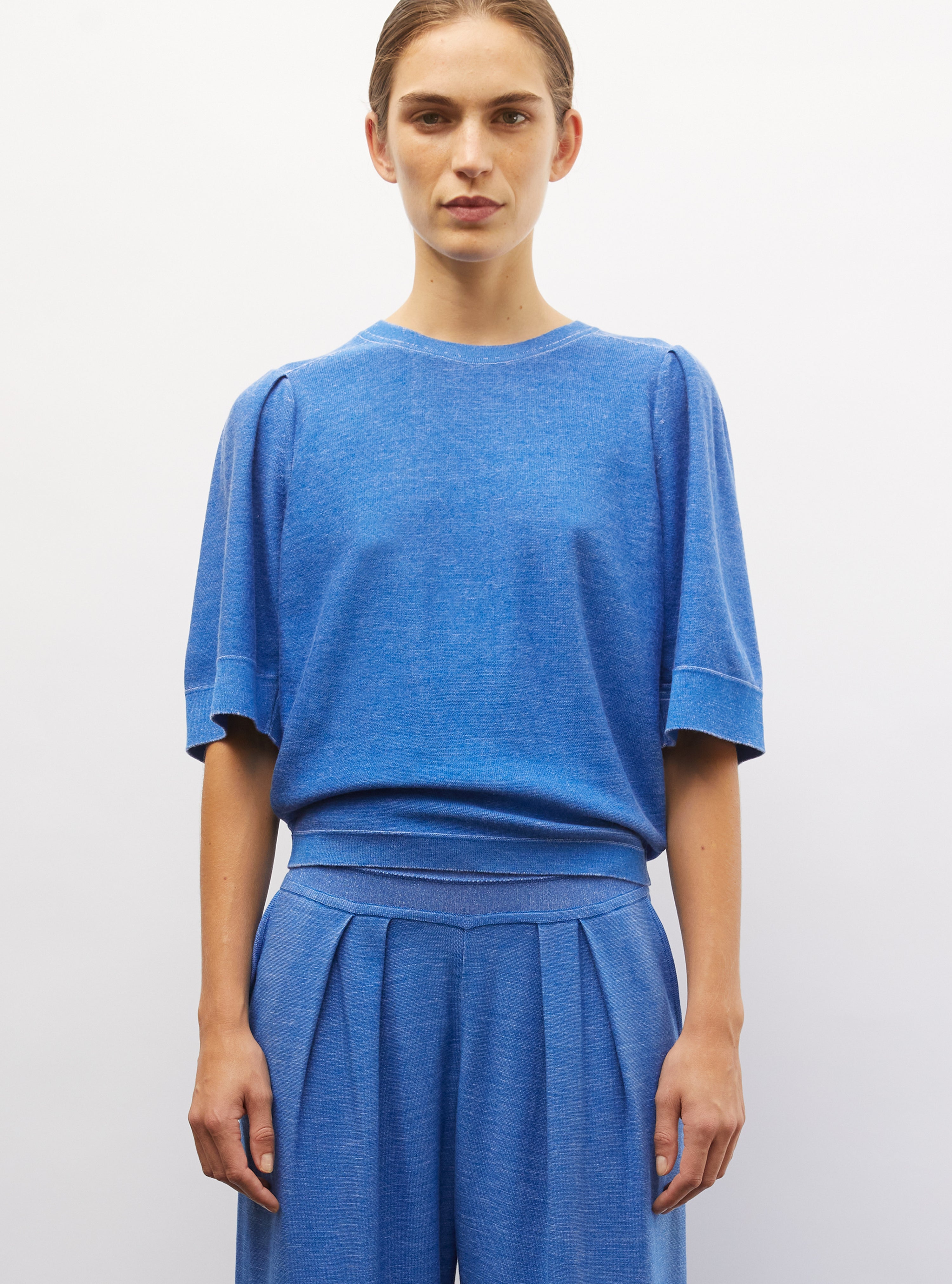 Top en maille manches froncées royal blue denim - Vêtement en maille de luxe Molli