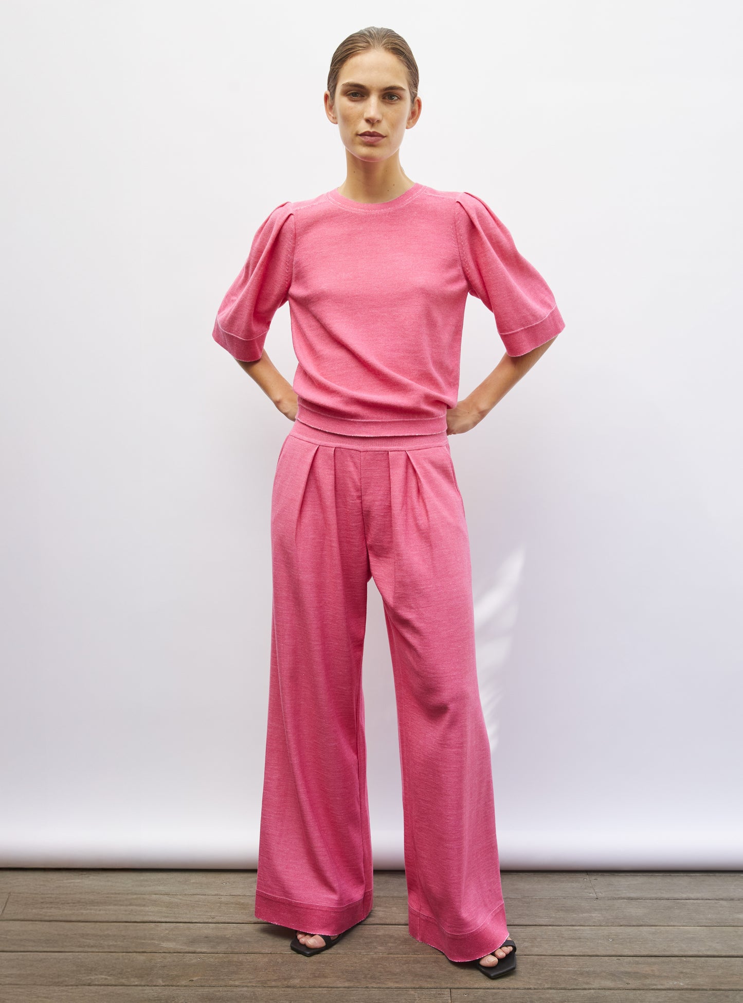 Pantalon de luxe femme - Pantalon fluide maille pink denim