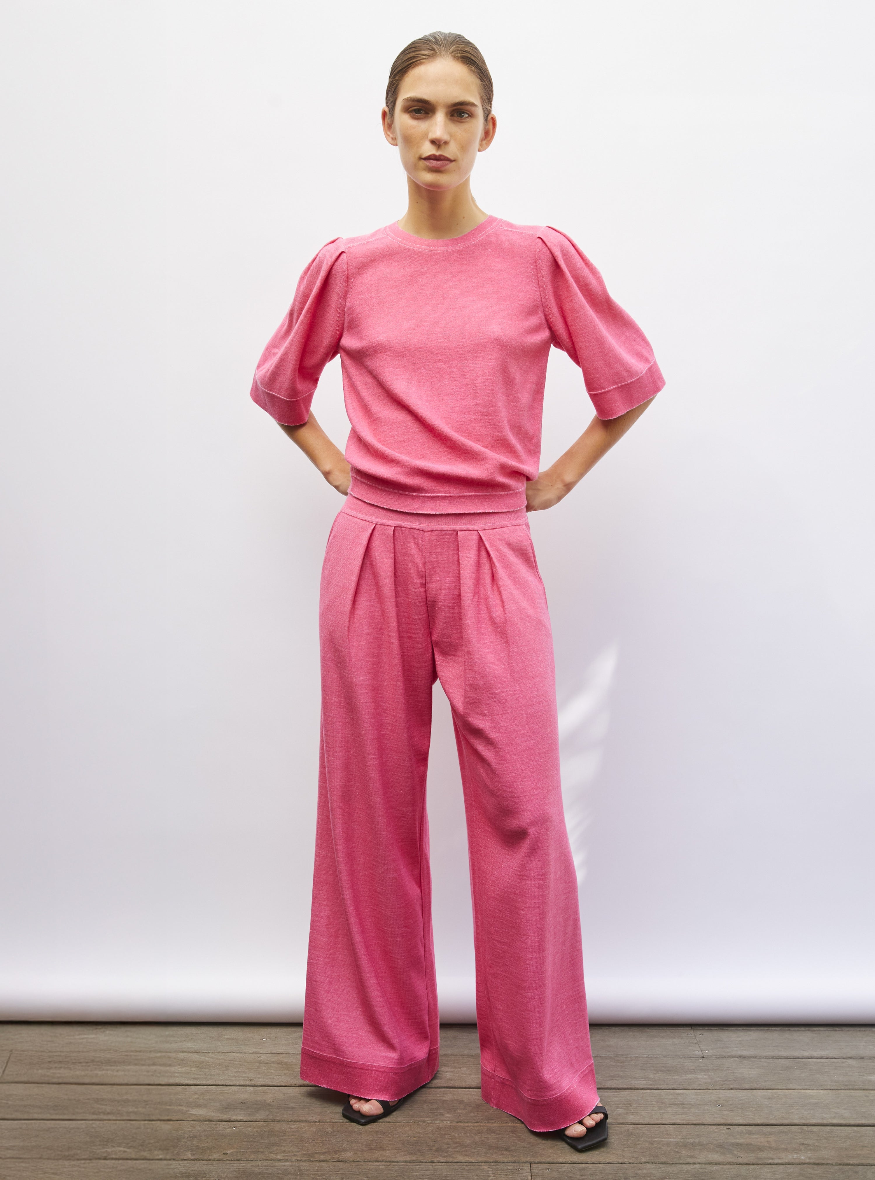 Top en maille manches froncées pink denim - Molli