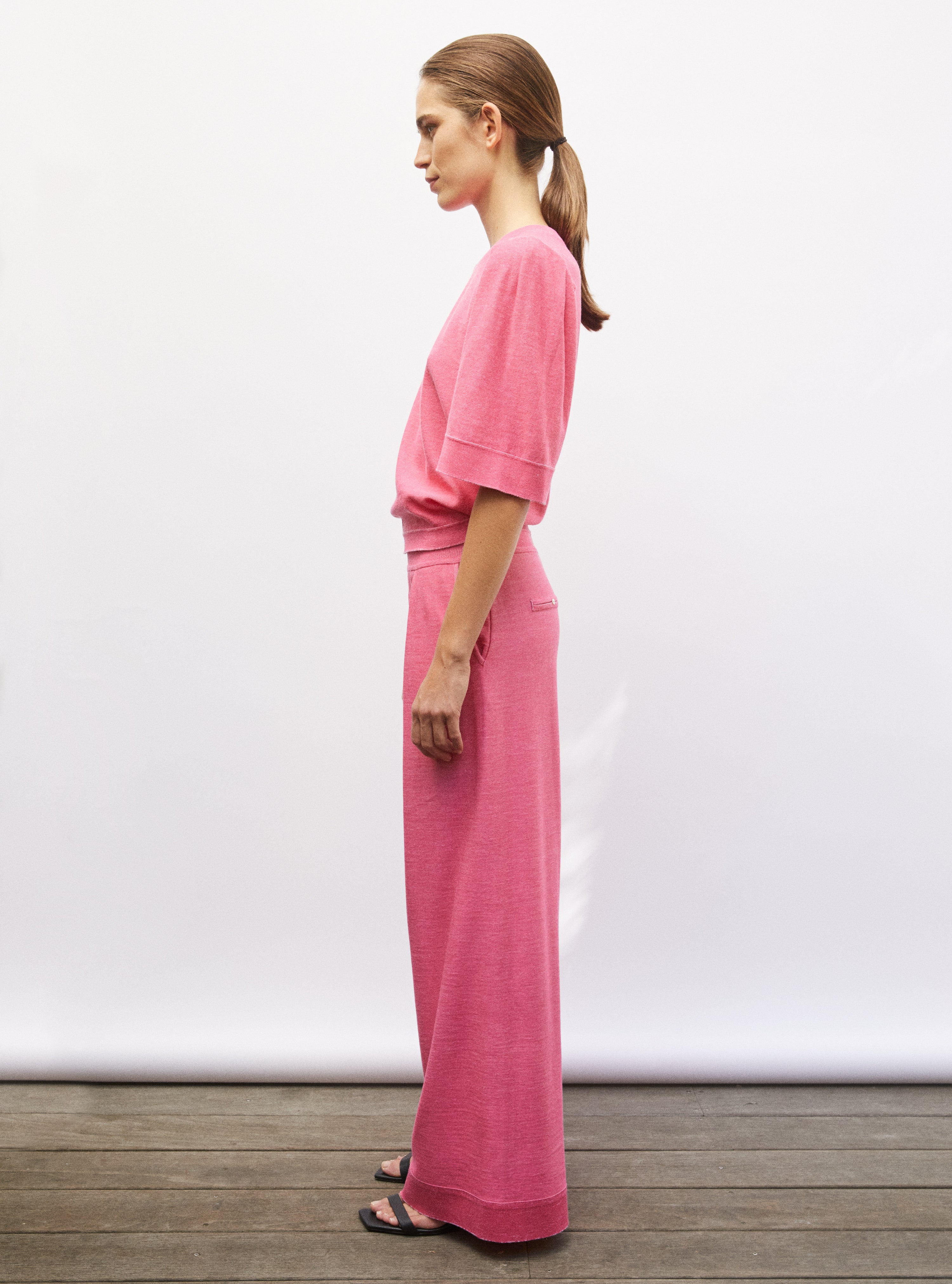 Top en maille manches froncées pink denim - Top de luxe