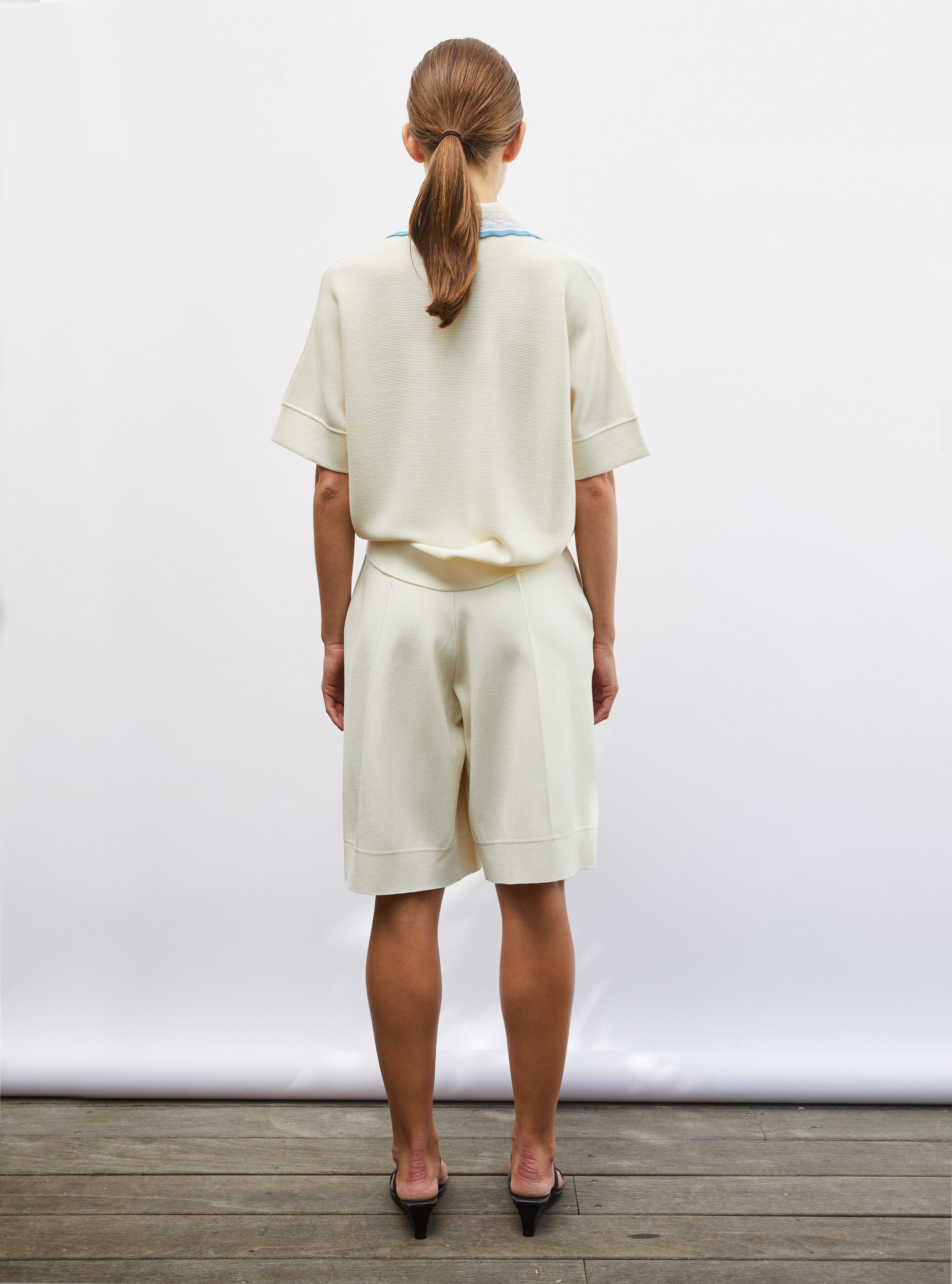 Top ample maille col croquet naturel-multi denim - Vêtement de luxe femme