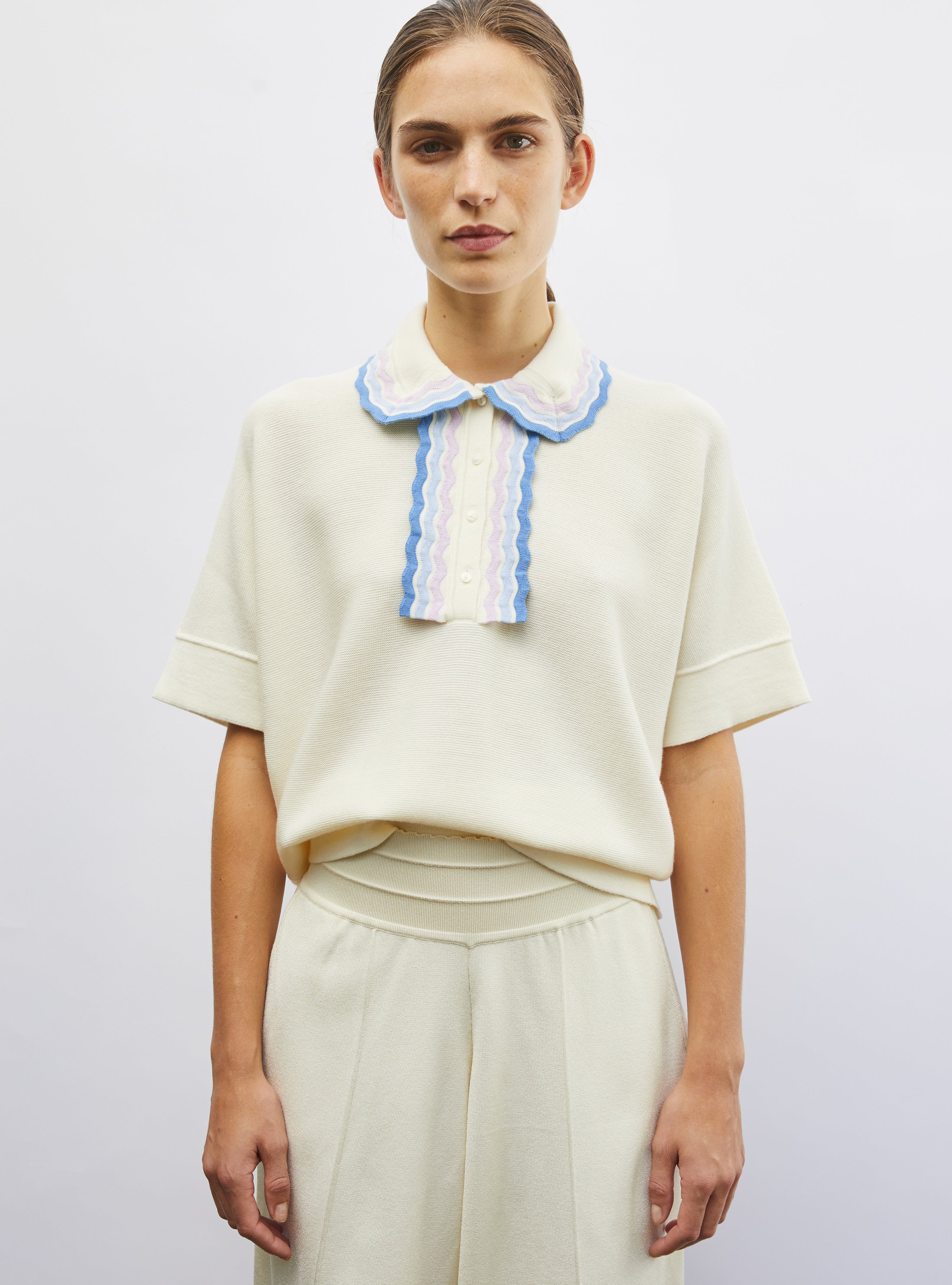 Top de luxe femme - Top ample maille col croquet naturel-multi denim