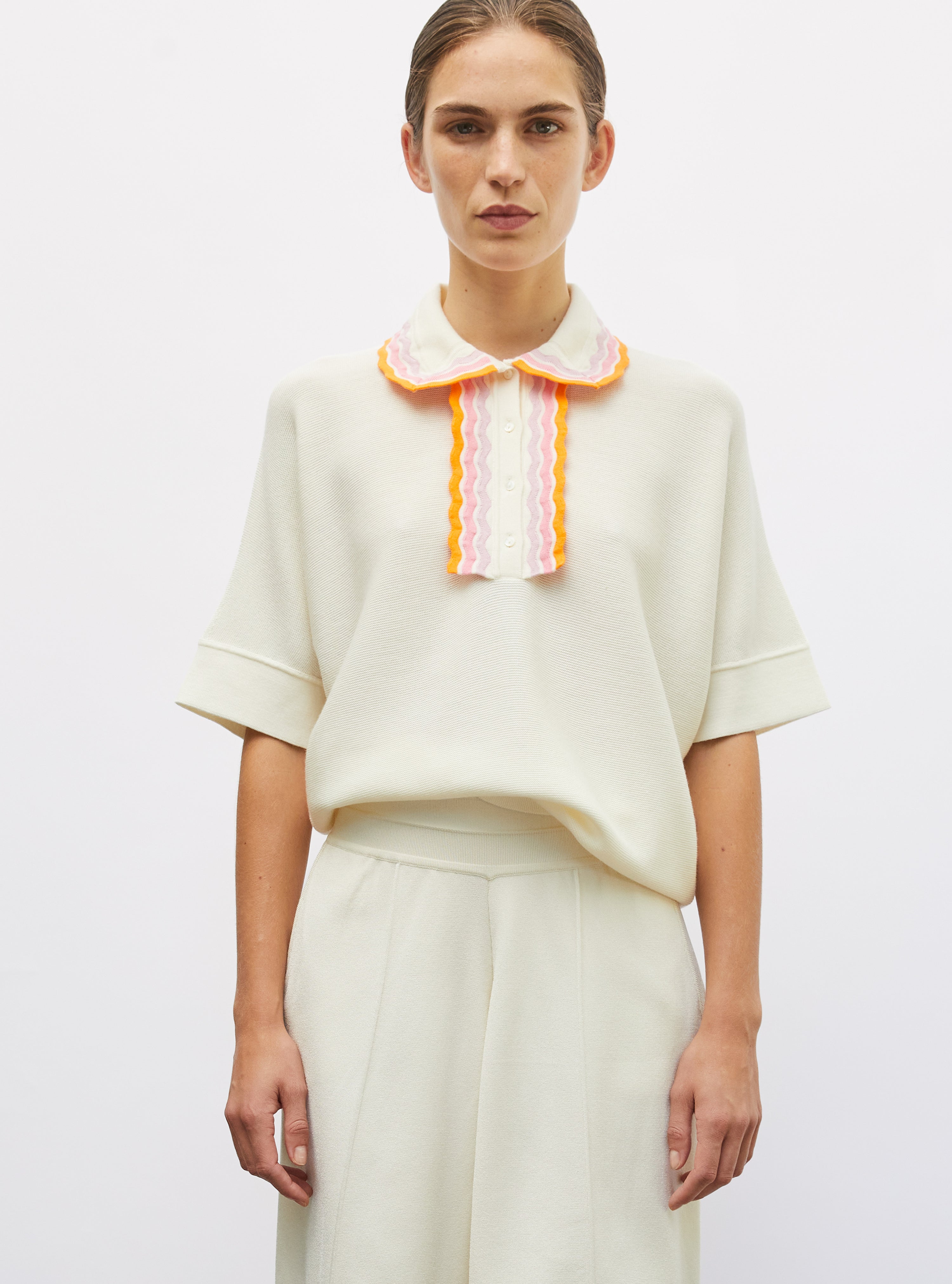 Top ample maille col croquet naturel-multi rose - Vêtement en maille de luxe Molli