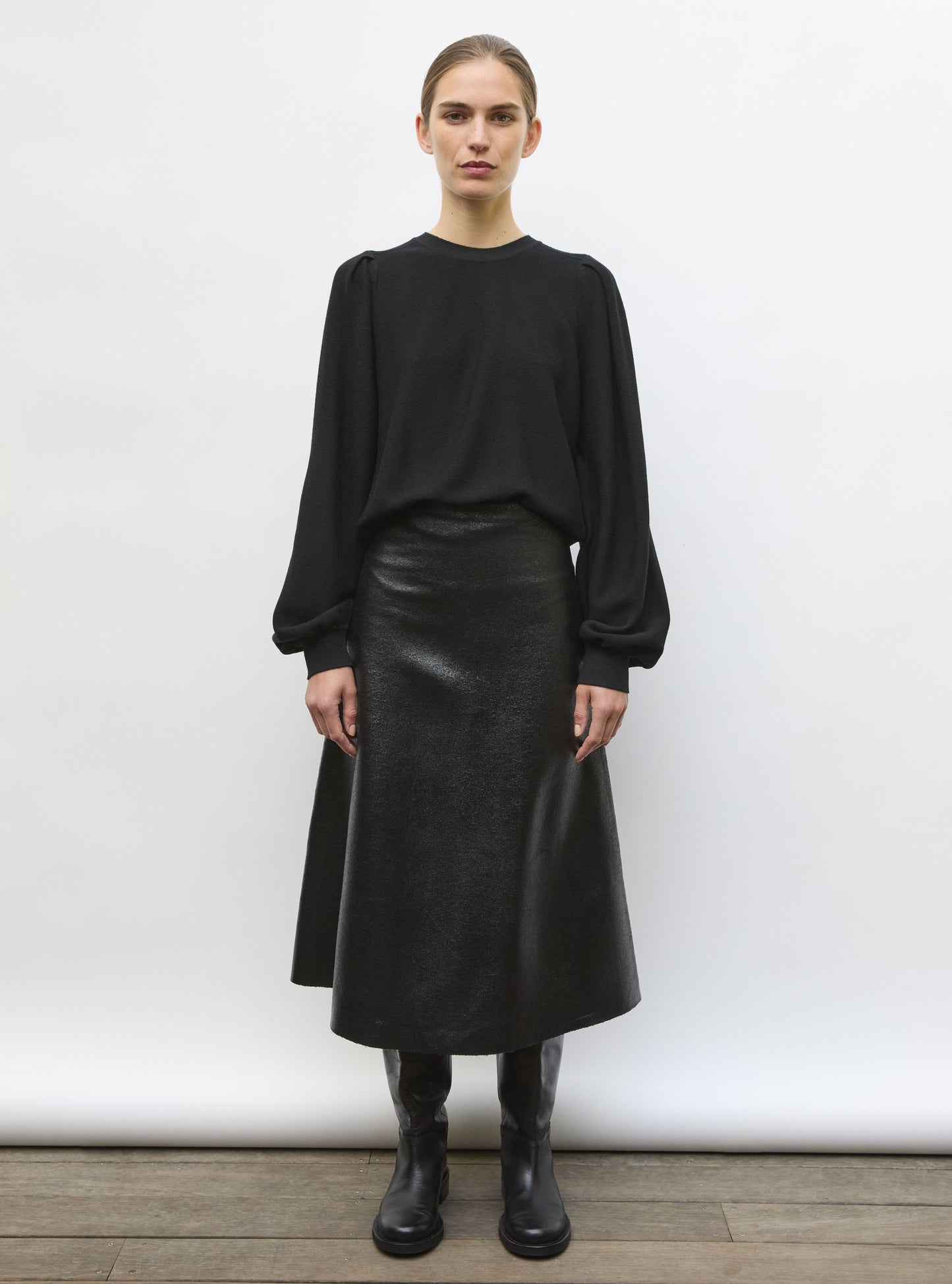 Pull fin manches froncées  noir profond - Vêtement en maille de luxe Molli