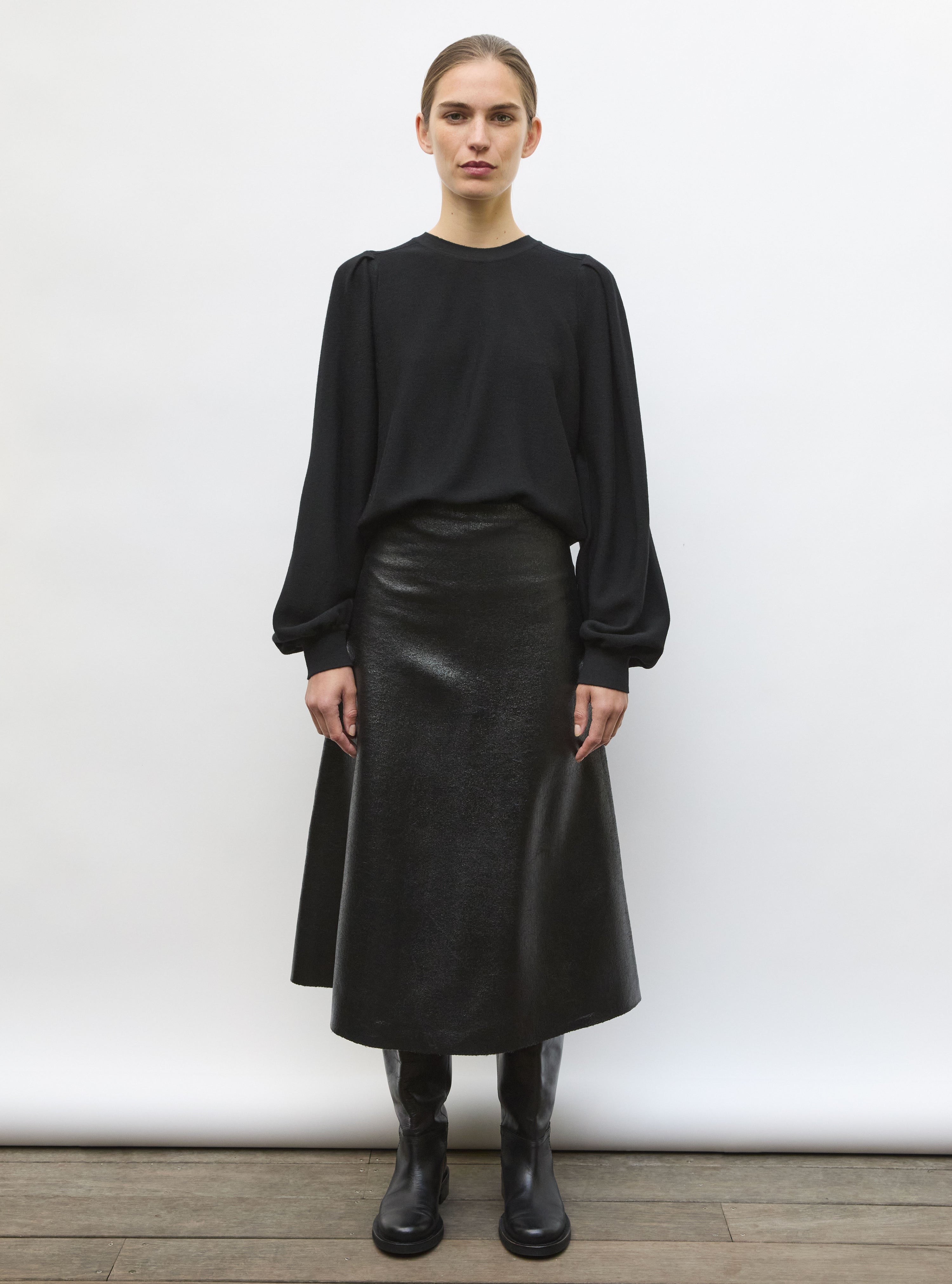 Pull fin manches froncées  noir profond - Vêtement en maille de luxe Molli