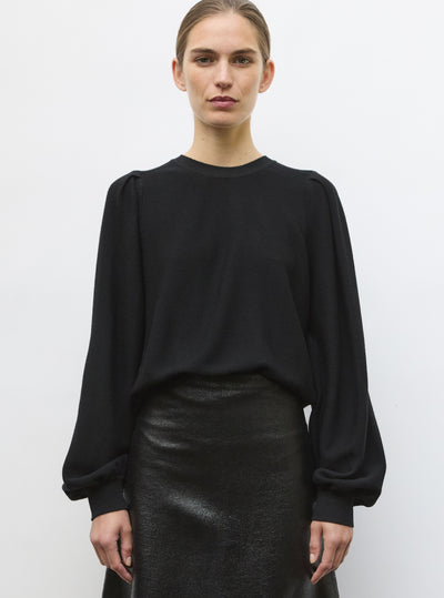 Pull fin manches froncées  noir profond - Vêtement de luxe femme