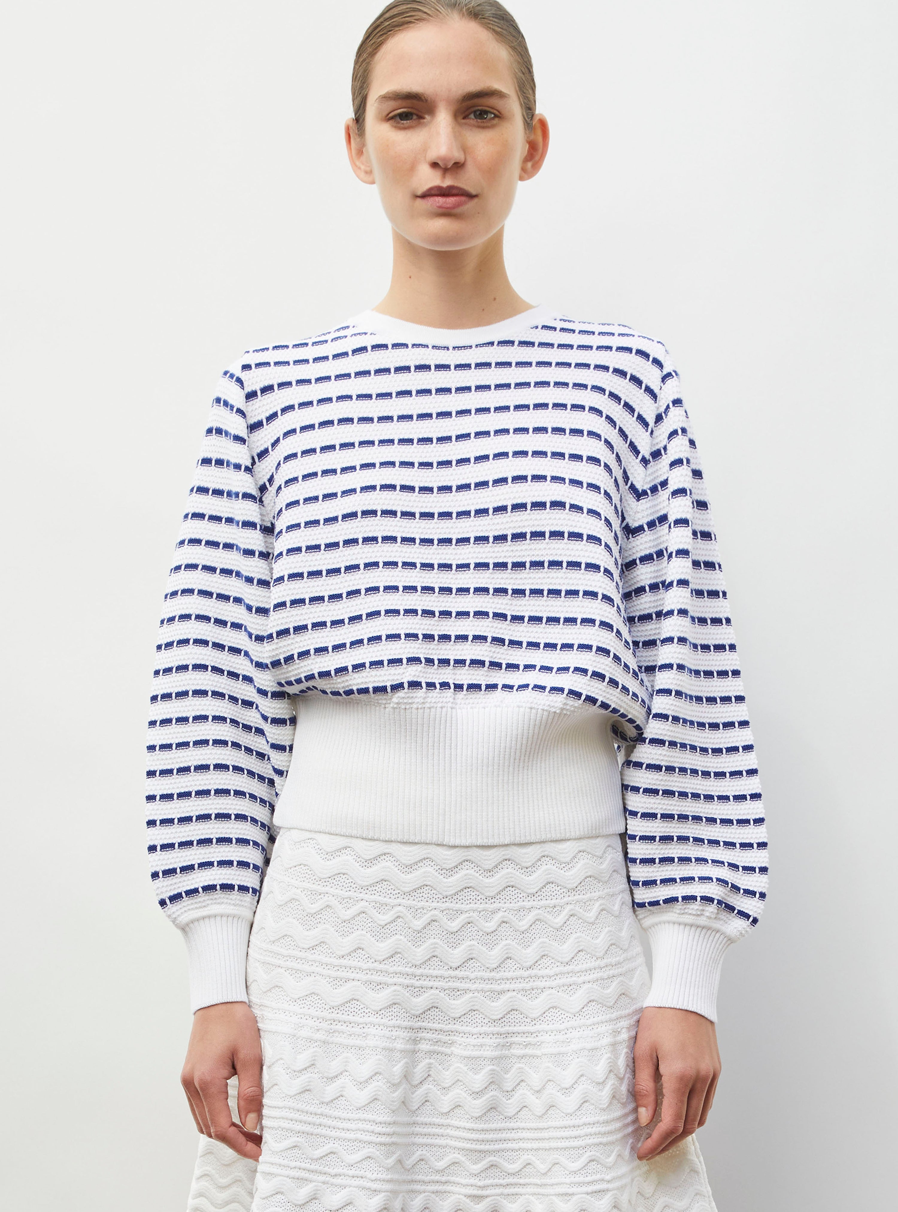 Pull manches blousantes milk-bleu faience - Vêtement de luxe femme