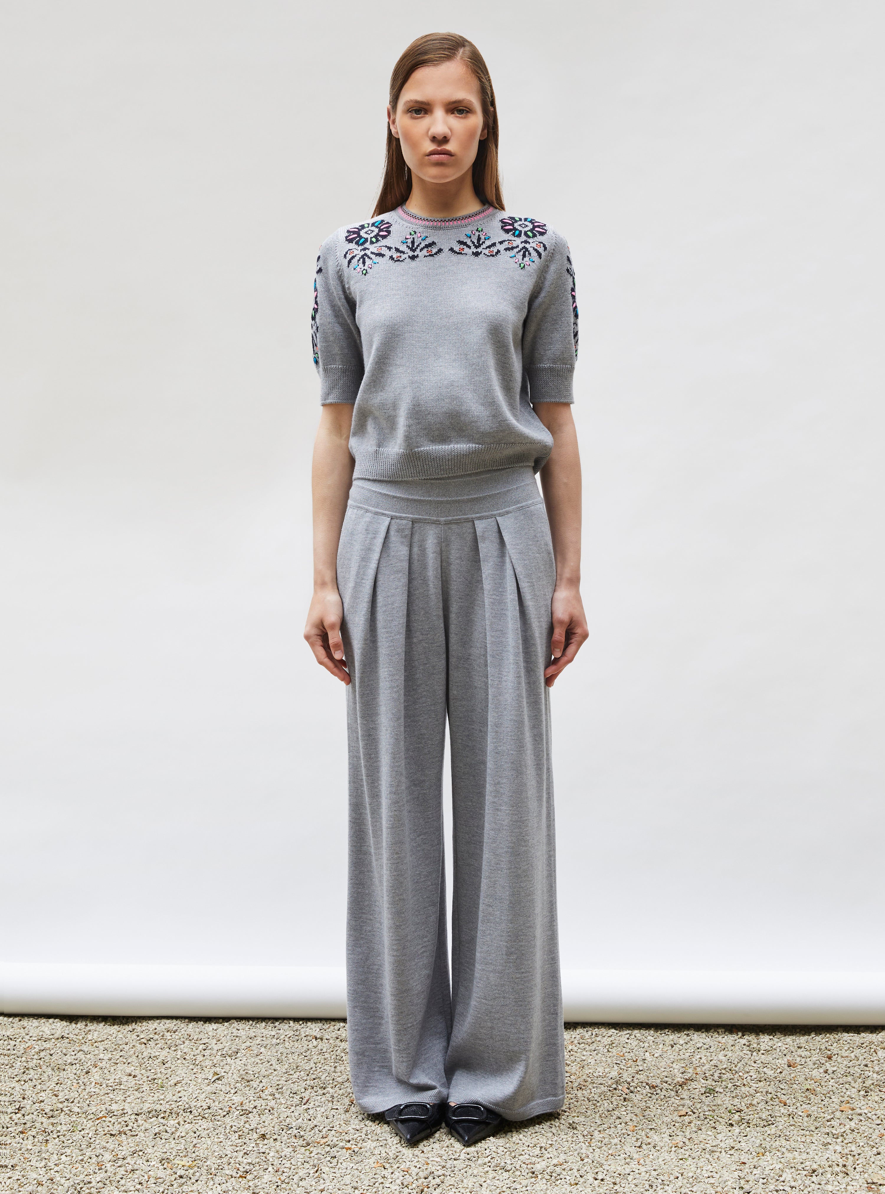 Top de luxe femme - Top maille florale brodé main Gris moyen Nuit