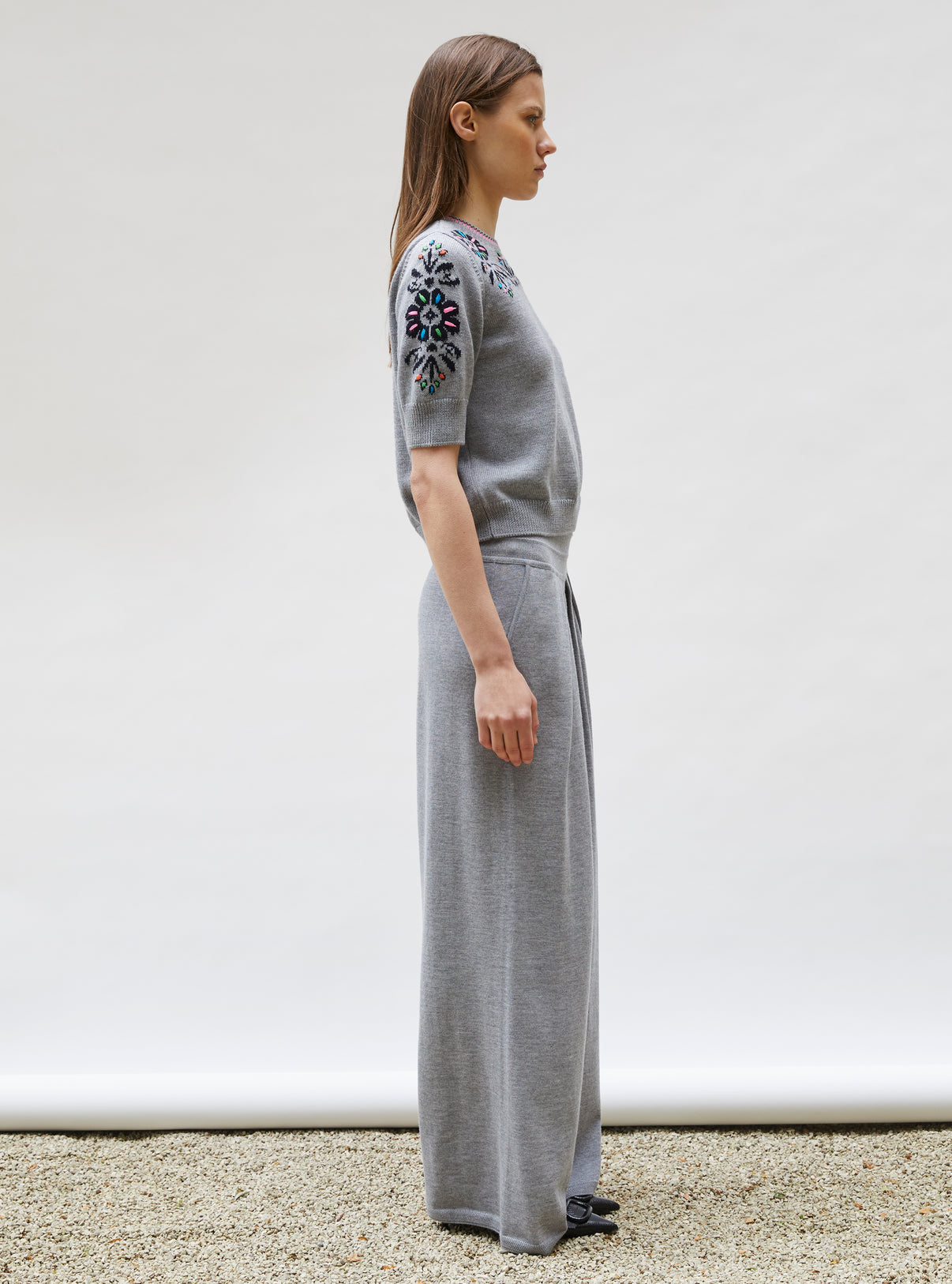 Top maille florale brodé main Gris moyen Nuit  - Vêtement de luxe femme