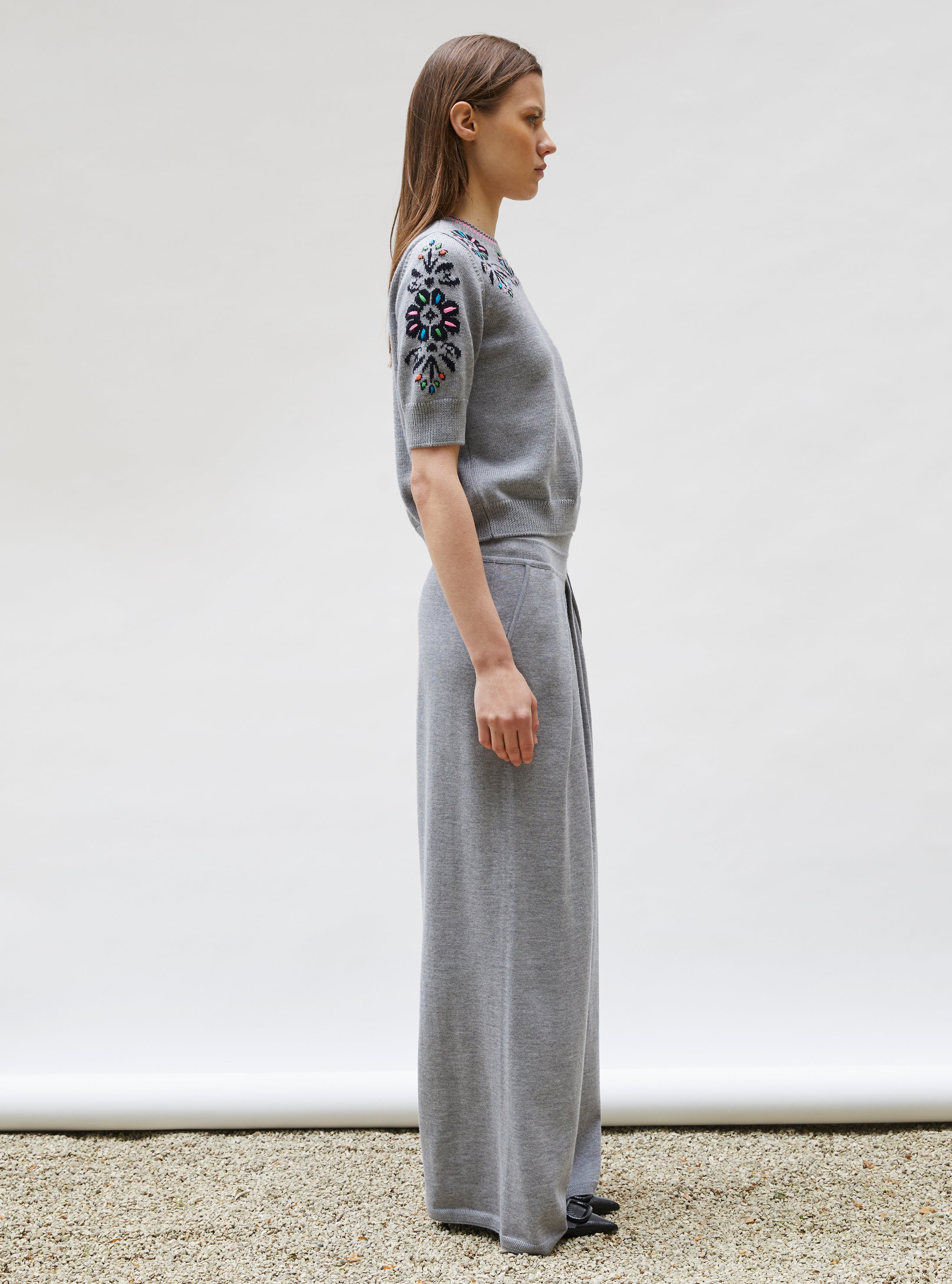 Top maille florale brodé main Gris moyen Nuit  - Vêtement de luxe femme