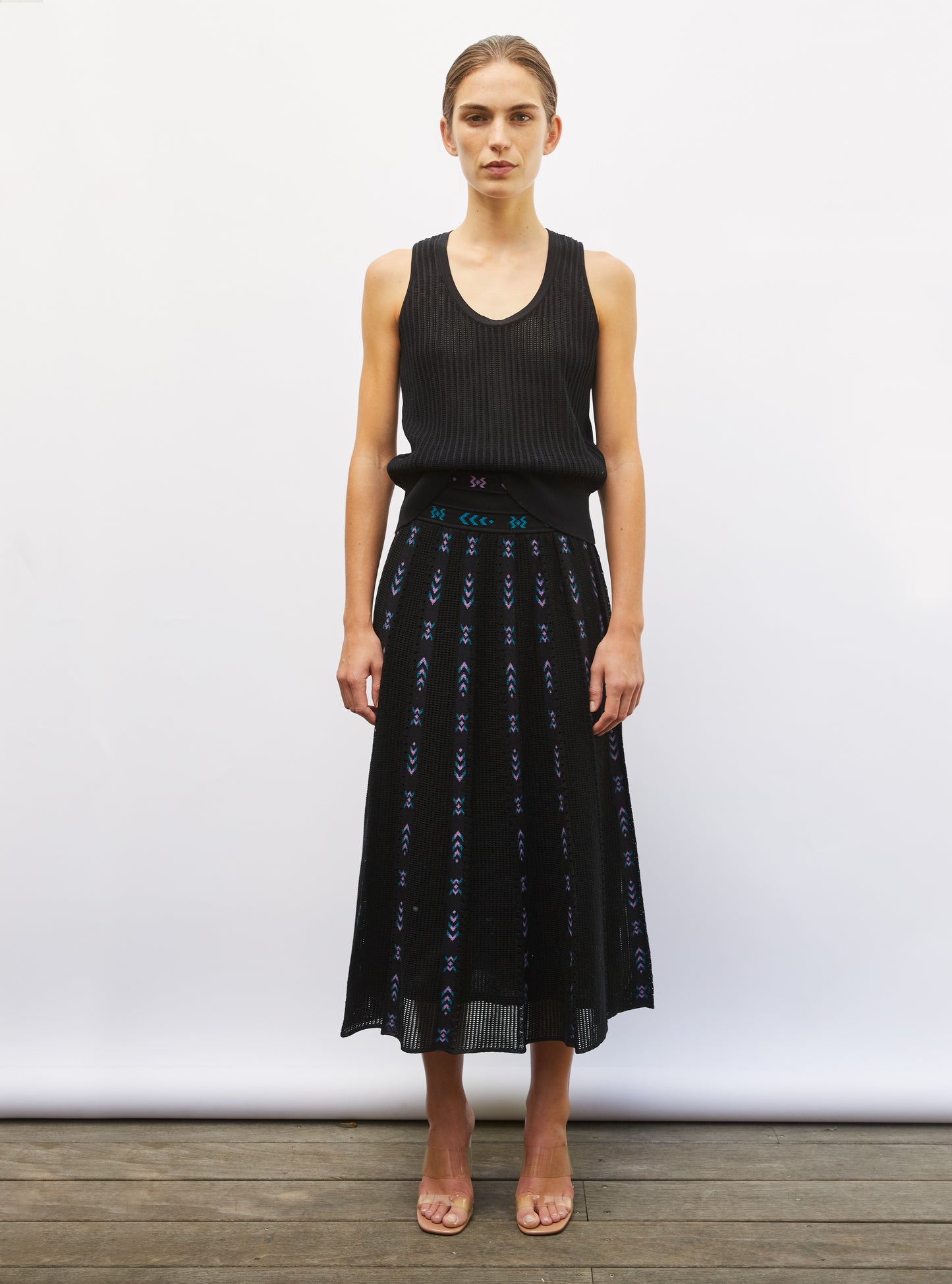 Jupe longue maille ikat noir profond-multi - Vêtement en maille de luxe Molli