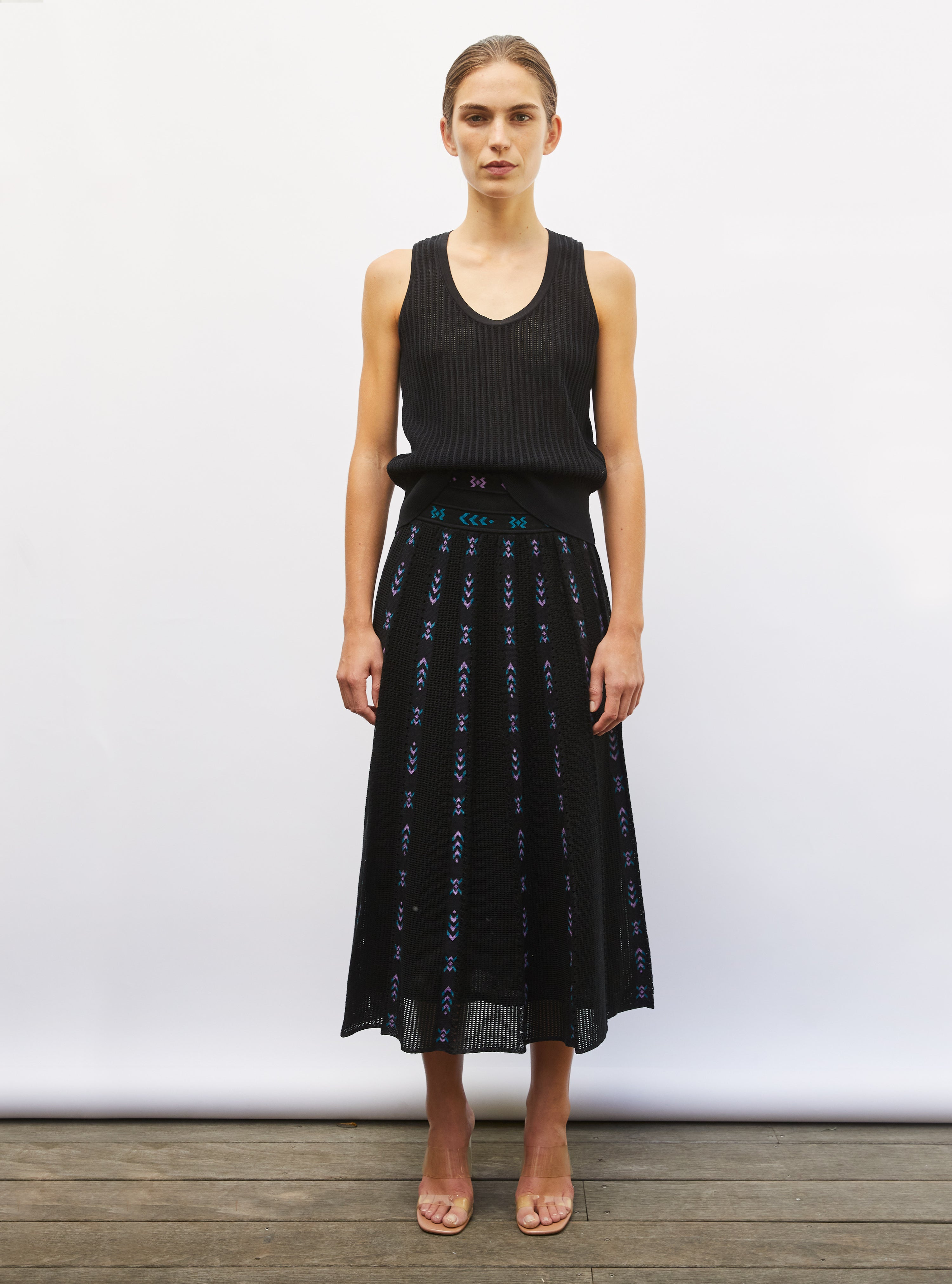 Jupe longue maille ikat noir profond-multi - Vêtement en maille de luxe Molli