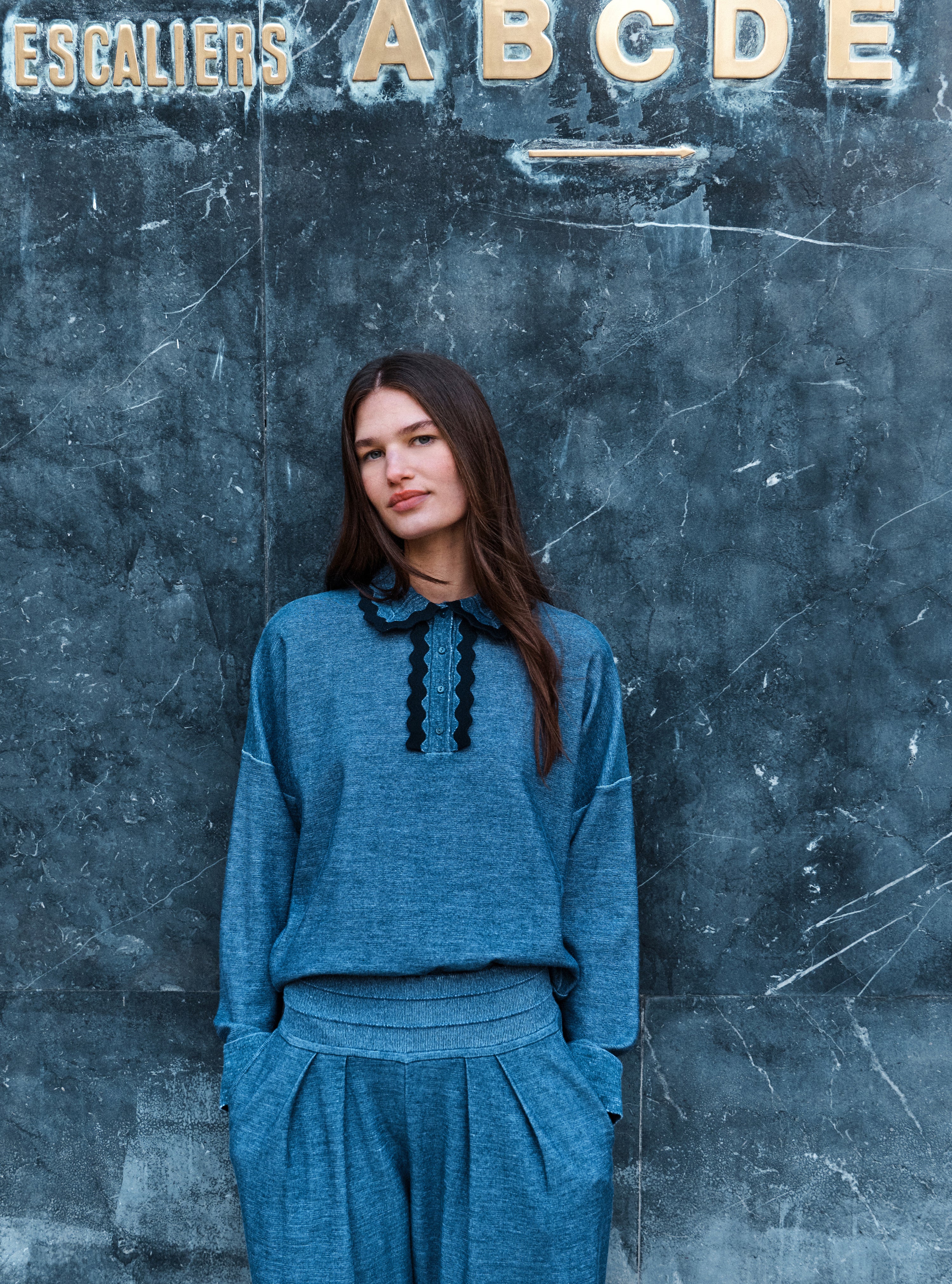 Chemise maille col croquet blueberry denim-nuit - Vêtement en maille de luxe Molli