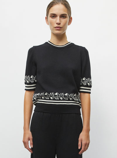 Top maille détails jacquard noir profond - Vêtement en maille de luxe Molli