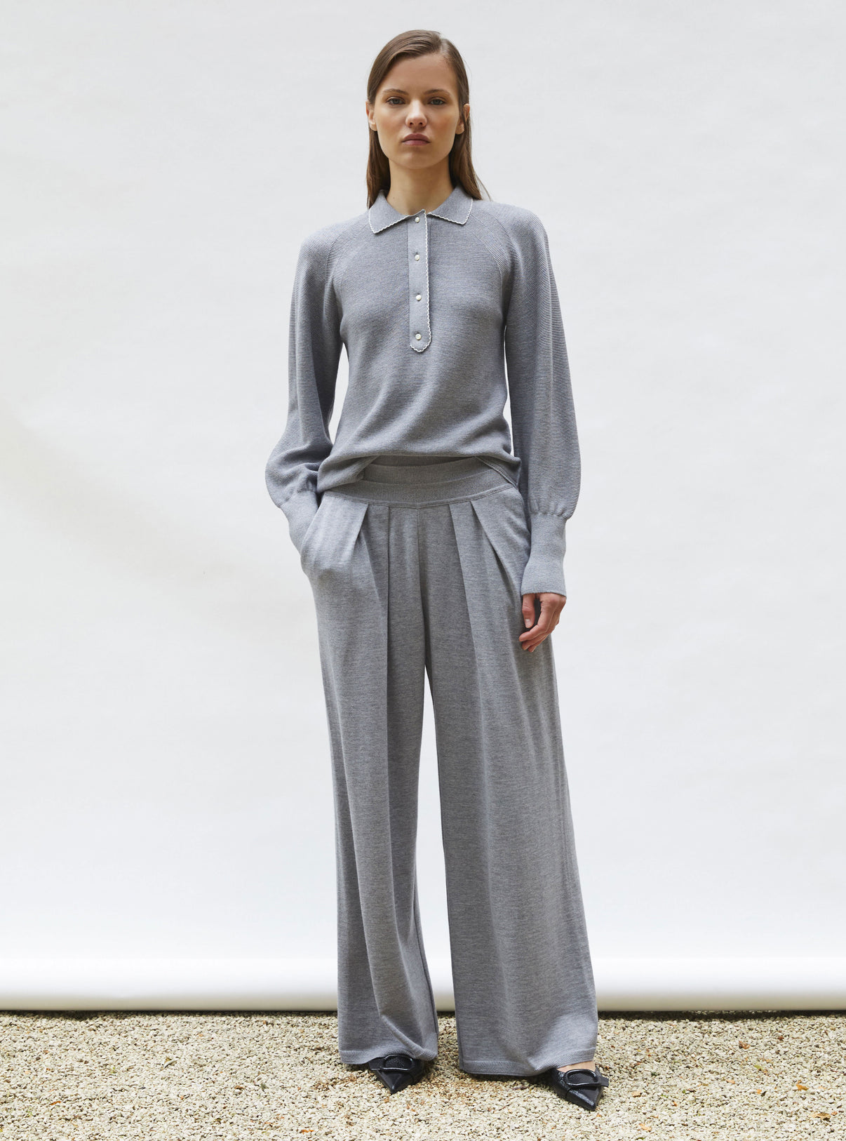 Polo fin finition picots gris moyen-naturel - Polo de luxe