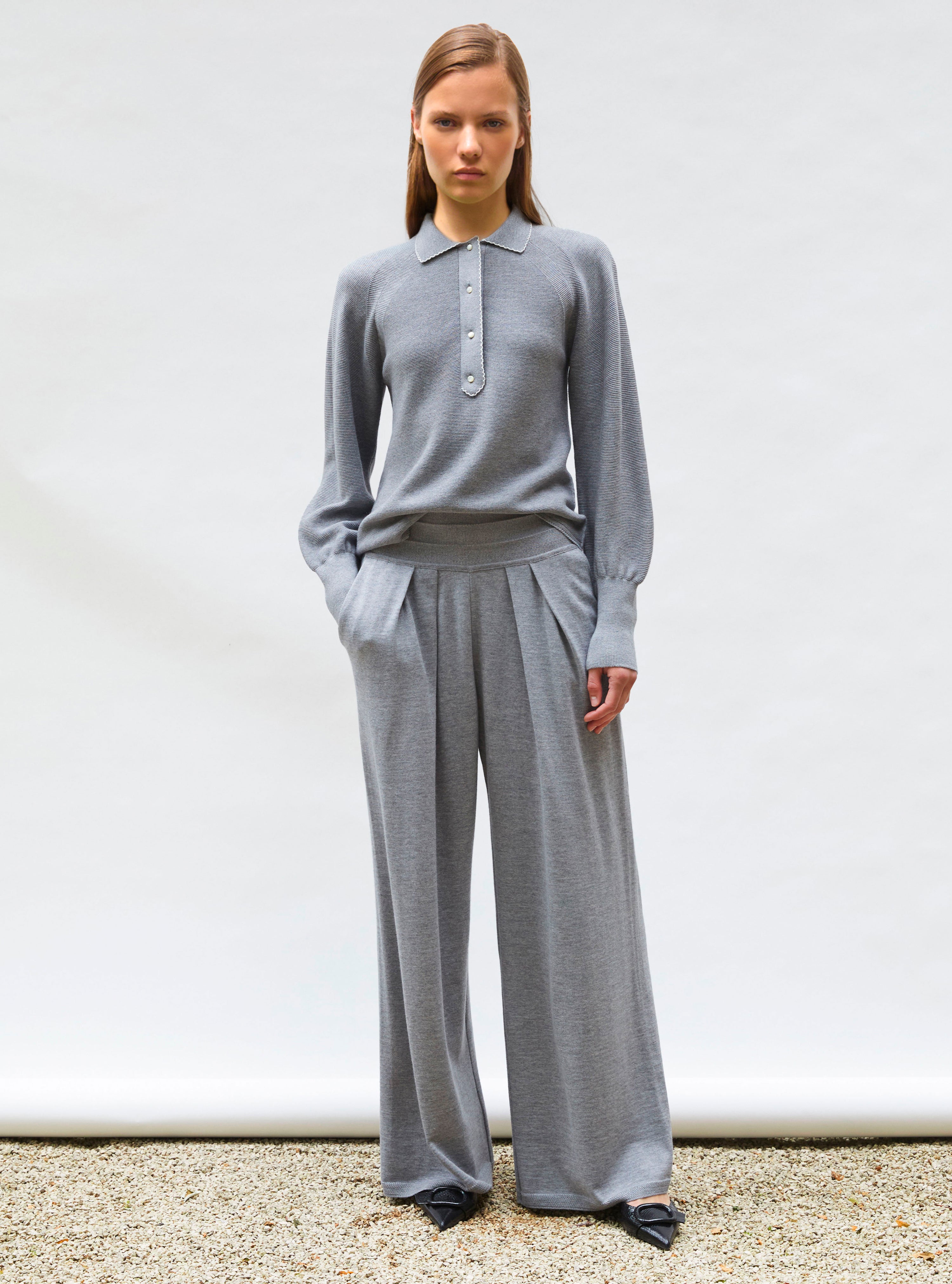 Polo fin finition picots gris moyen-naturel - Polo de luxe