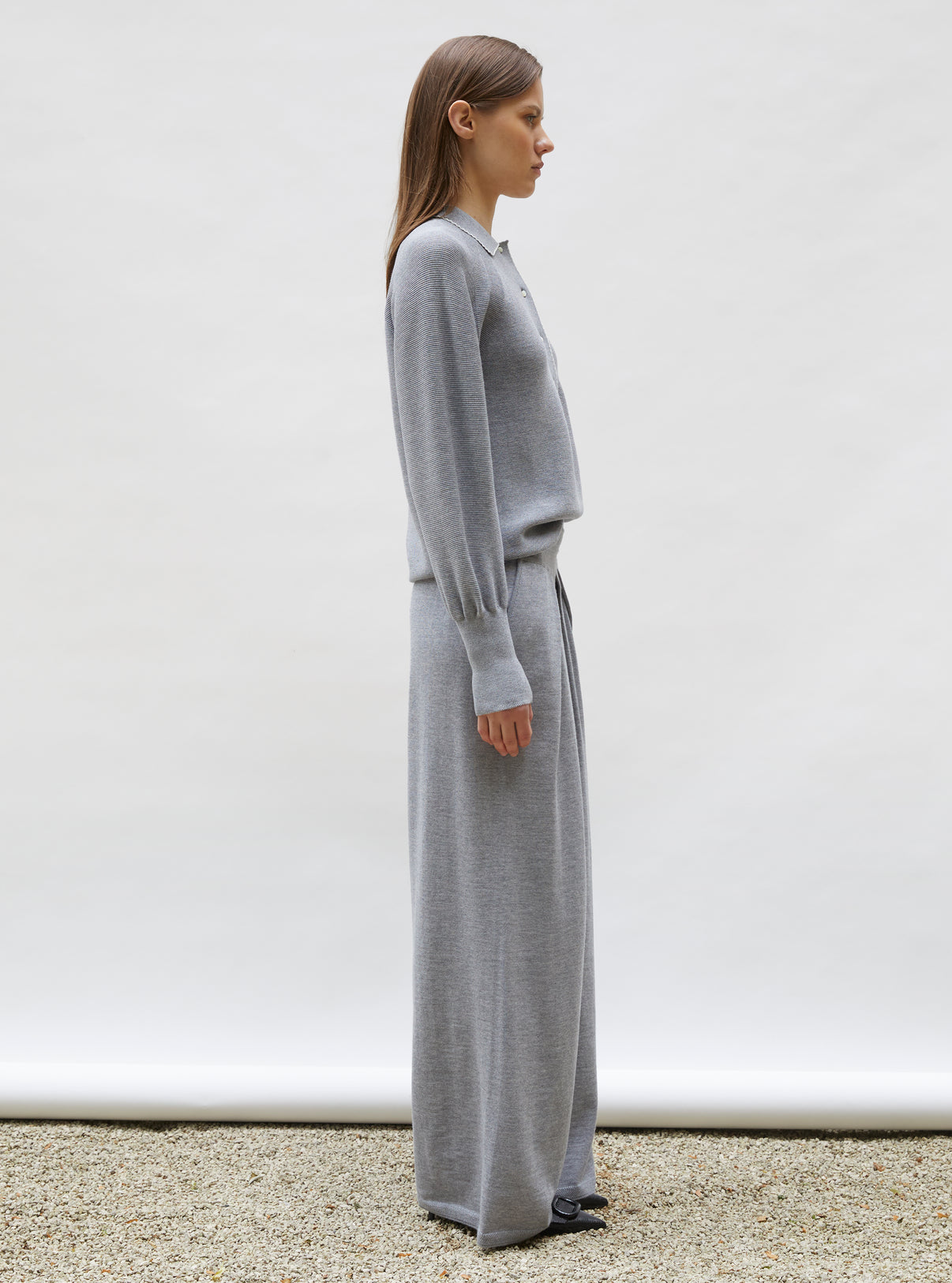 Polo fin finition picots gris moyen-naturel - Vêtement de luxe femme