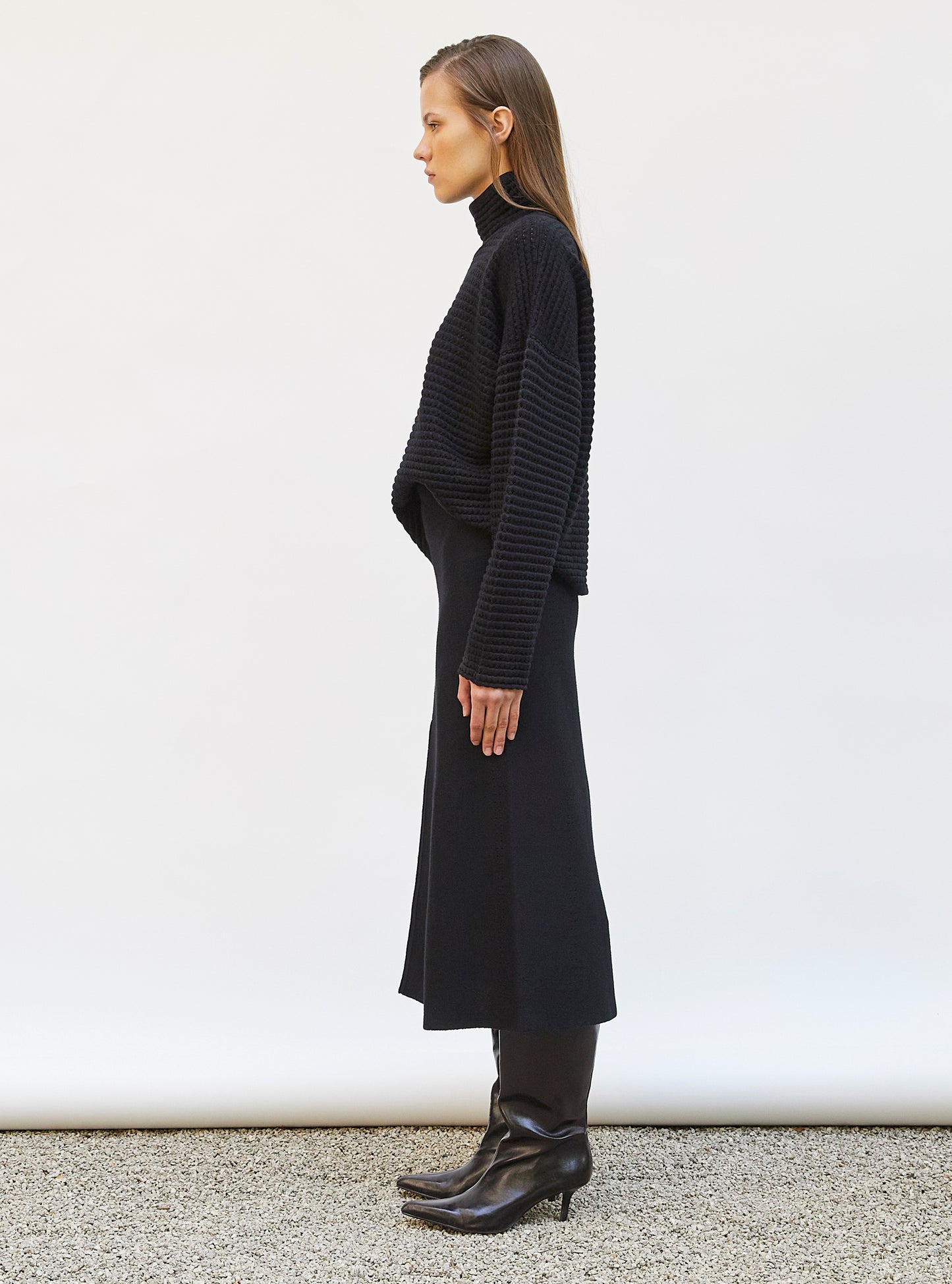 Jupes de luxe femme - Jupe mi-longue maille fendue Noir profond