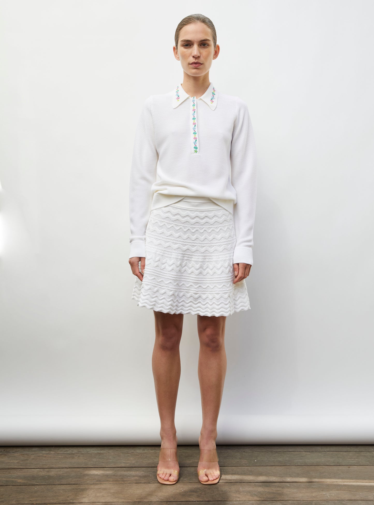 Chemise maille brodée fleurs milk - Vêtement en maille de luxe Molli